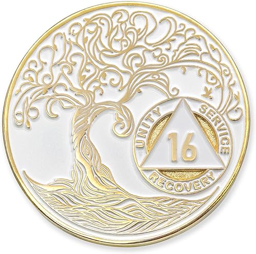 Miniatura 7 de 30 días1 mes Sobriety Mint Twisted Tree of Life - Medallón de recuperación AANA chapado en oro, chipficha - Blanco