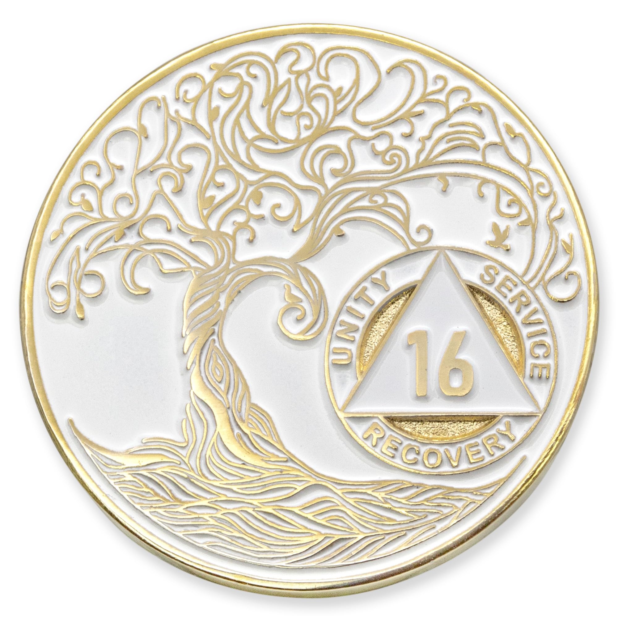 1 to 50 Year Twisted Tree of Life Sobriety Coin - Gold Plated AA Chips &amp; Medallions - 16 Year Sobriety Coin - White