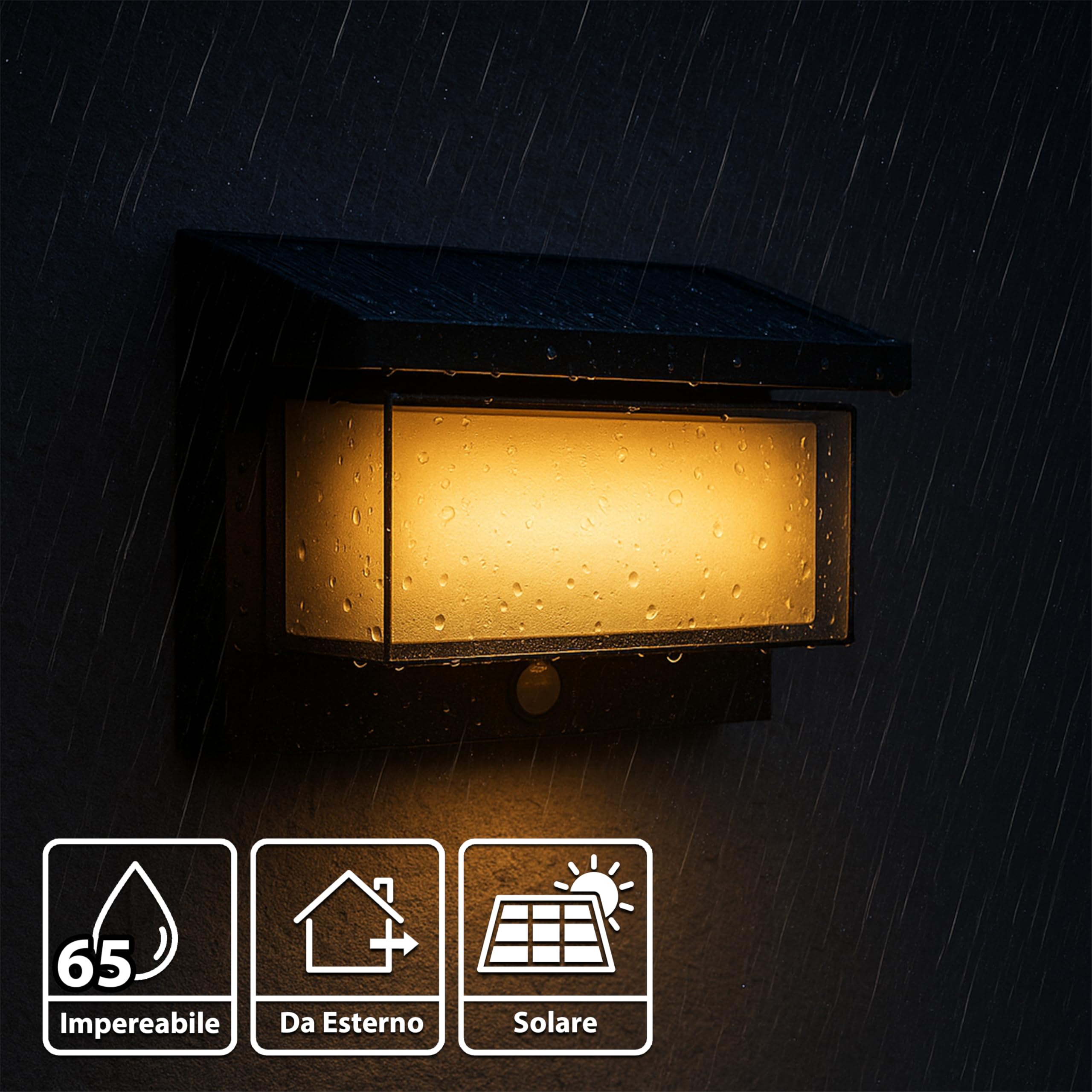 MAKA Applique Solare da Esterno 1000 Lumen (Equivalente 100W), Doppia Luce 3000K Calda e 6500K Fredda, Sensore PIR 6m e Crepuscolare, Batteria 3600mAh con Pannello Solare 2,2W, IP65, 8 Modalità (Nero)