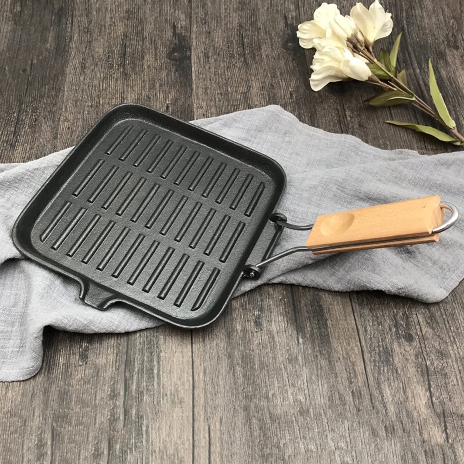 Padella in ghisa per barbecue, antiaderente, facile da pulire, pieghevole, 22 cm, ideale per bistecca da campeggio