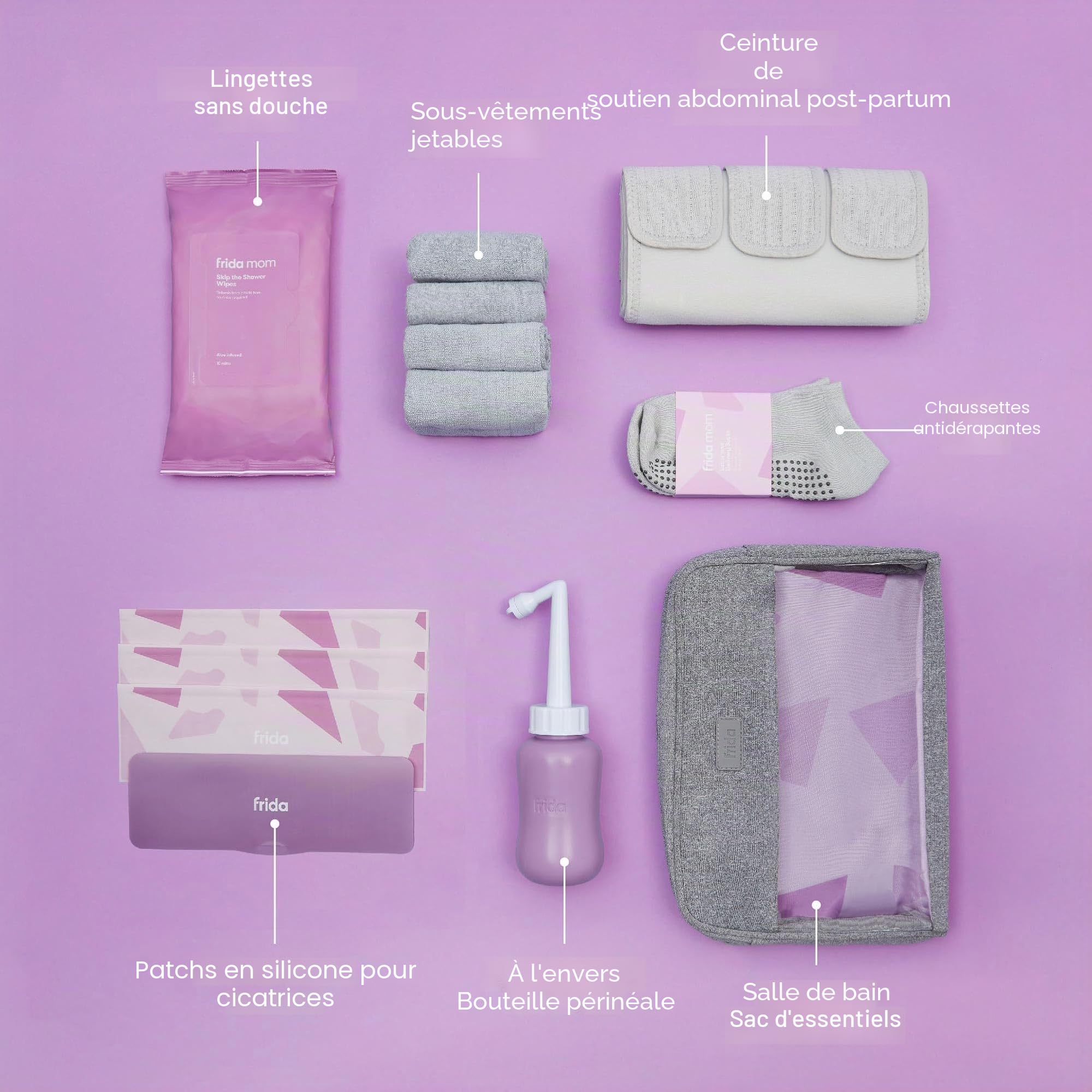 Frida Mom Kit indispensable pour la récupération par césarienne pour le travail, l'accouchement et le post-partum : chaussettes, biberons, culottes jetables, liant de soutien abdominal, lingettes de