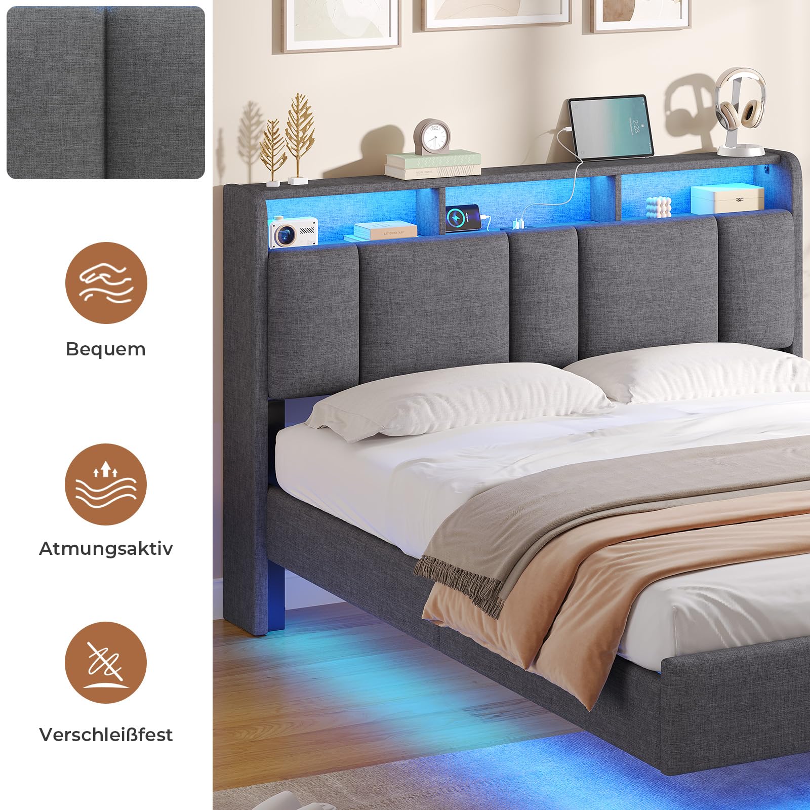 AOGLLATI Polsterbett 140x200cm, Bett 140x200 mit LED Beleuchtung und Ladestation, Schwebebett mit Kopfteil, Lattenrost aus Metall, Leichte Montage, Doppelbett, Leinen, Dunkelgrau (ohne Matratze)