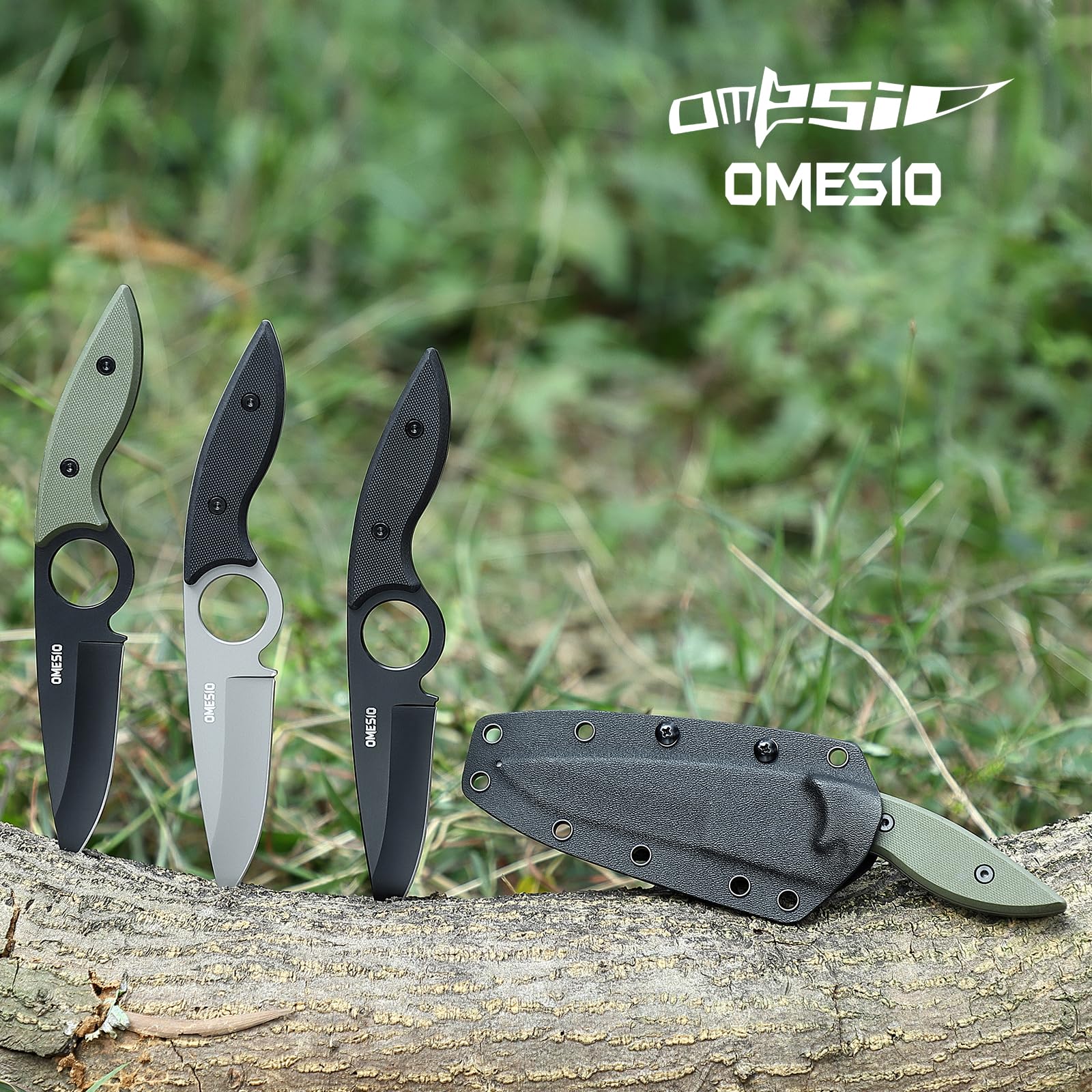 Omesio Grand couteau d'extérieur Excellente qualité 5CR13MoV acier full Tang - Lame de couteau fixe 8,5 cm - Grand de ceinture avec manche ergonomique G10 - Etui Kydex et clip inclus(Noir)