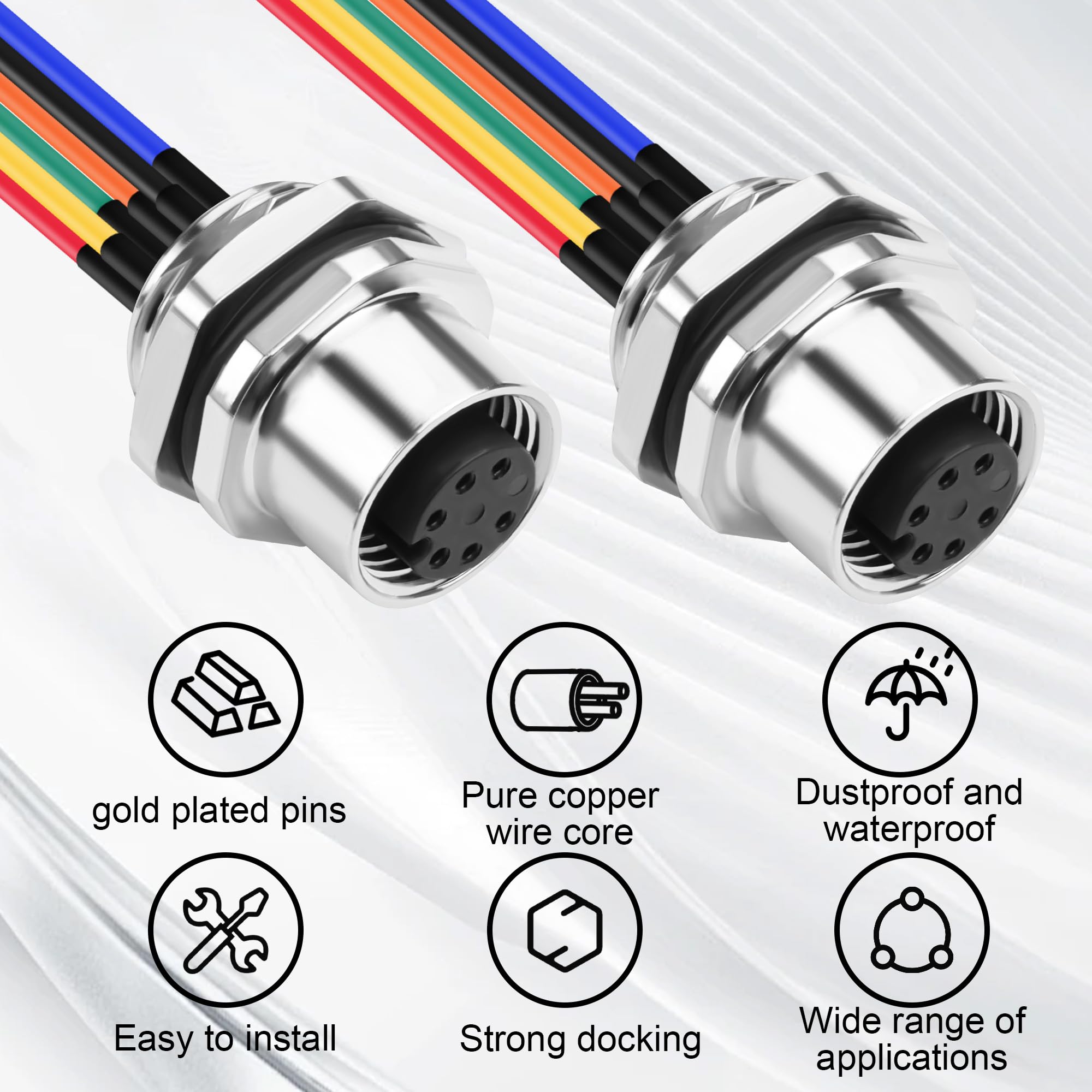 M12 6-poliger Buchsenstecker-Kabel, A-codiert IP67 wasserdichter Luftfahrt-Pin zu blankem Draht, 22AWG verzinnter Kupfersensor-Kabel für PCB-Platine 12CM/4,72 Zoll 2 Stück