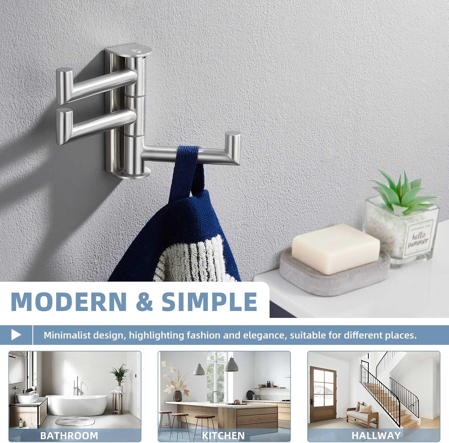 Suyar Swivel Towel Hook Brushed Nickel, Bathroom Robe Hook with 3 Arms | SUS304 Stainless Steel, Wall Mounted