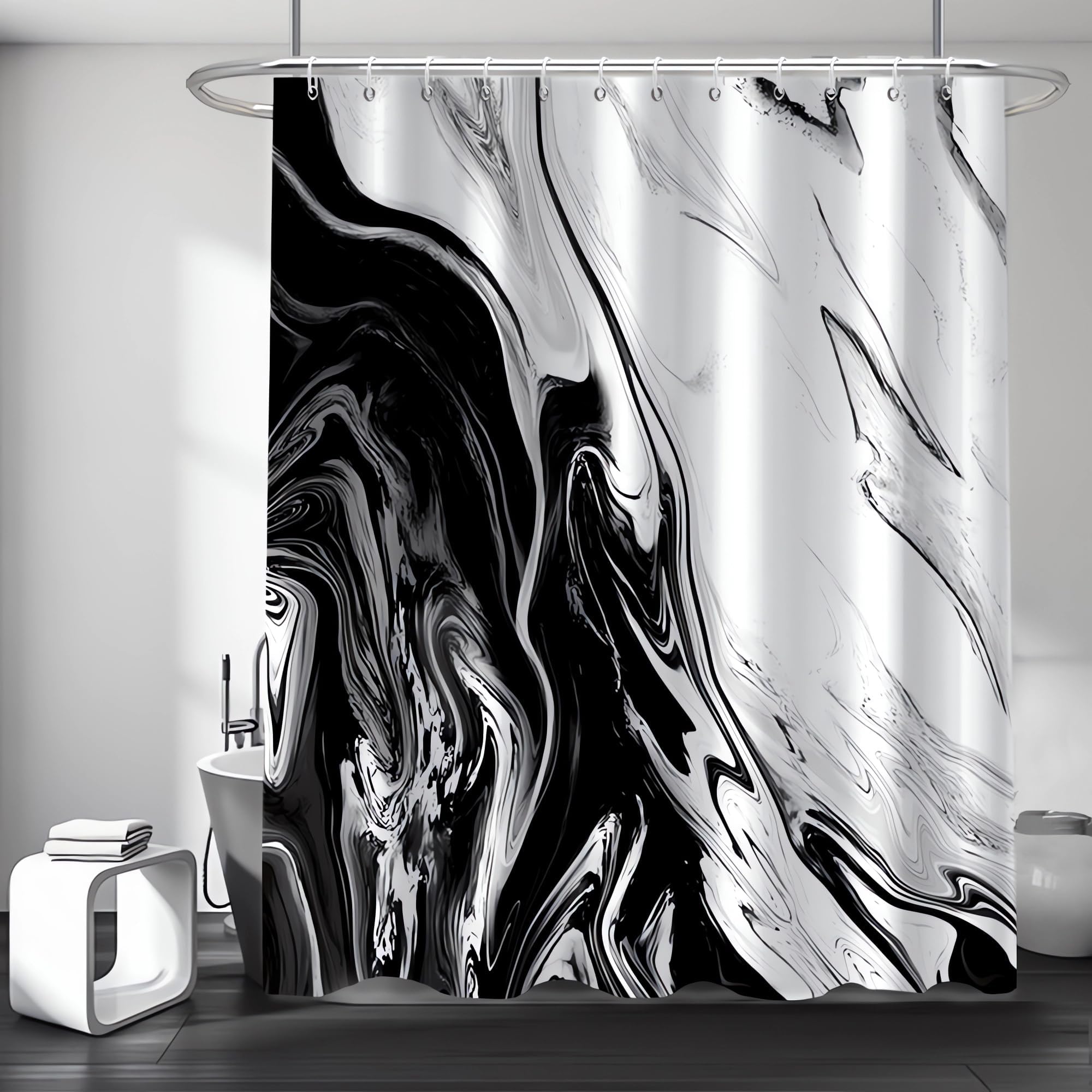 Miyotaa Black White Gray Shower Curtain Set 60Wx71H Inches Abstract Art Painting