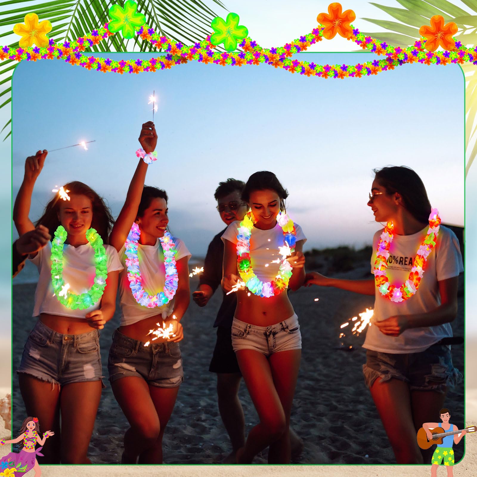 Sherr 200 Stück LED-Hawaii-Leis-Halskette mit LED-Lichtern für Maskerade, Luau, Strand, Hochzeit, tropisches Thema, Karneval, Abschlussfeier, Party