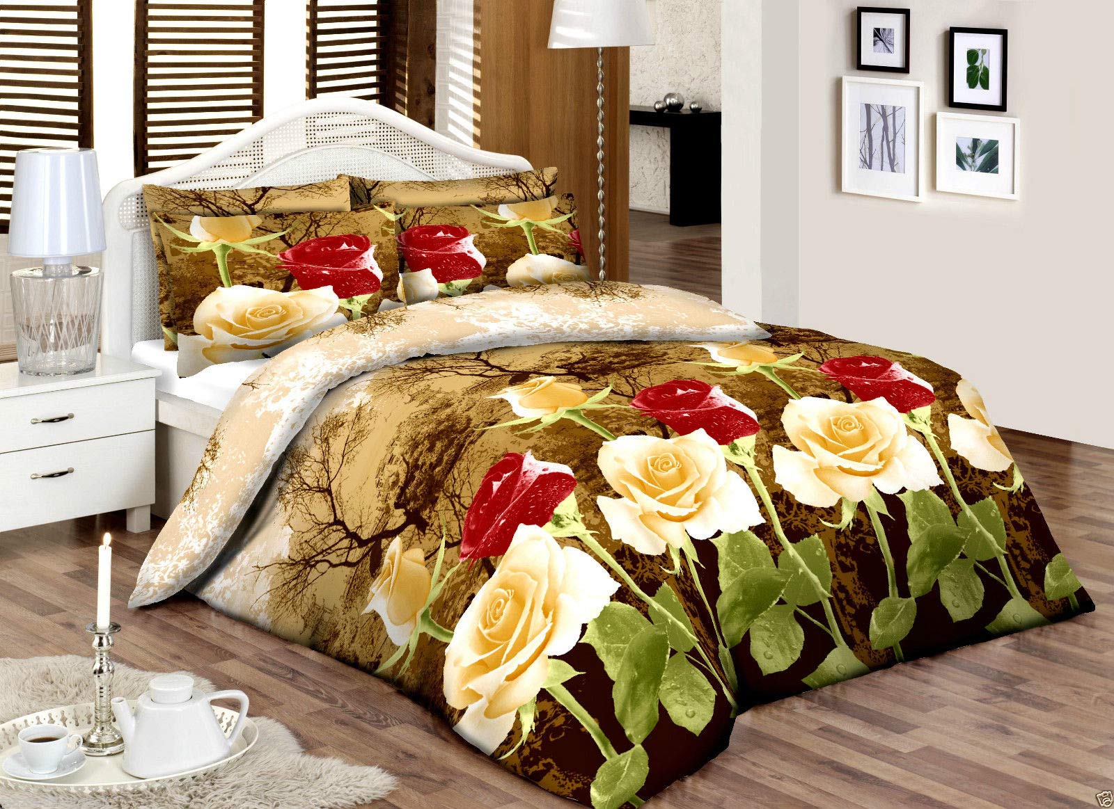GMTEXTILES 100% Cotton Top Percale Quality RedOrangeRose Printed Duvet Cover Set (King 220 x 230 cm)