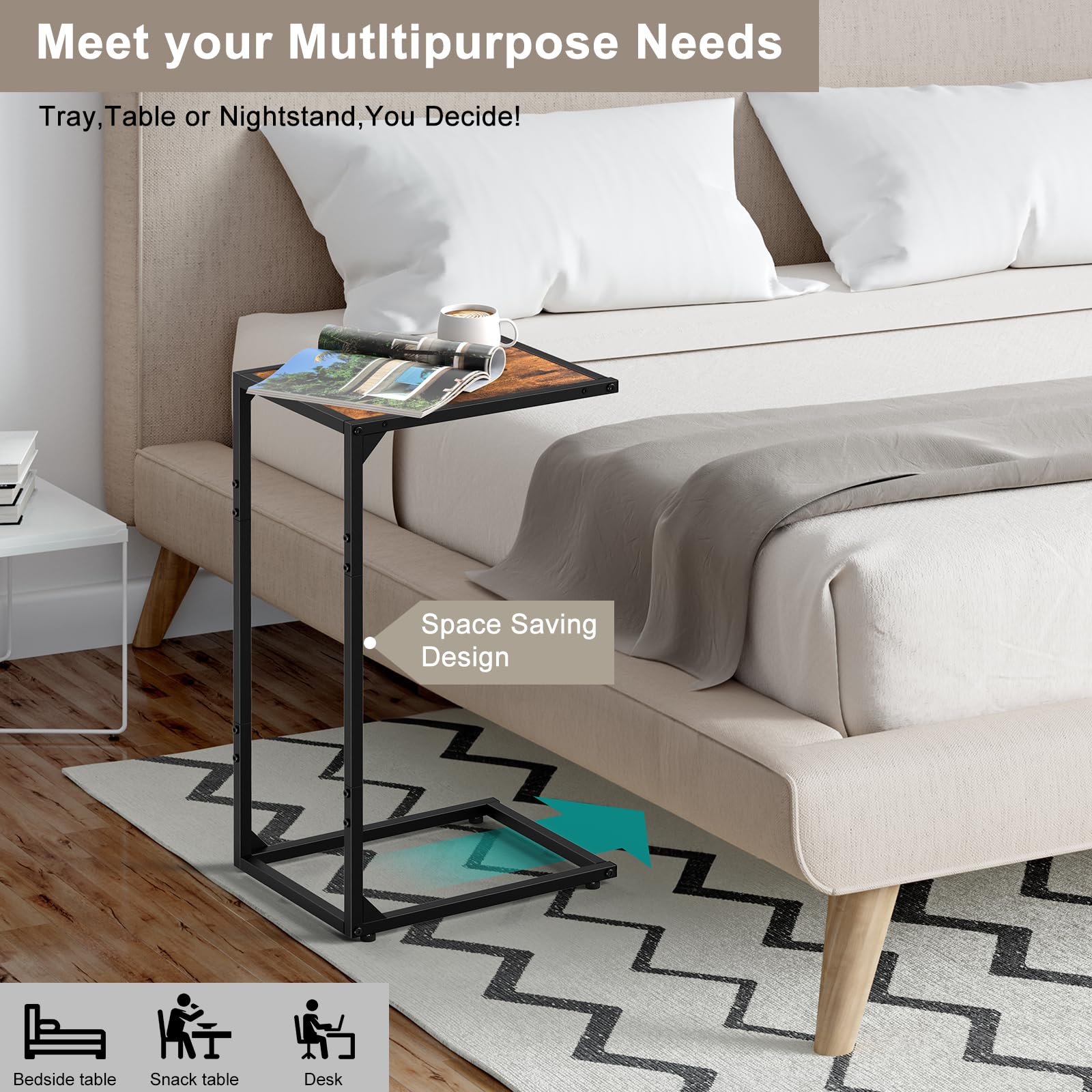 melos C Shaped End Table, Snack Side Table, C Tables for Couch, Couch Tables That Slide Under, Small TV Tray Table for Living Room, Bedroom, Rustic Brown