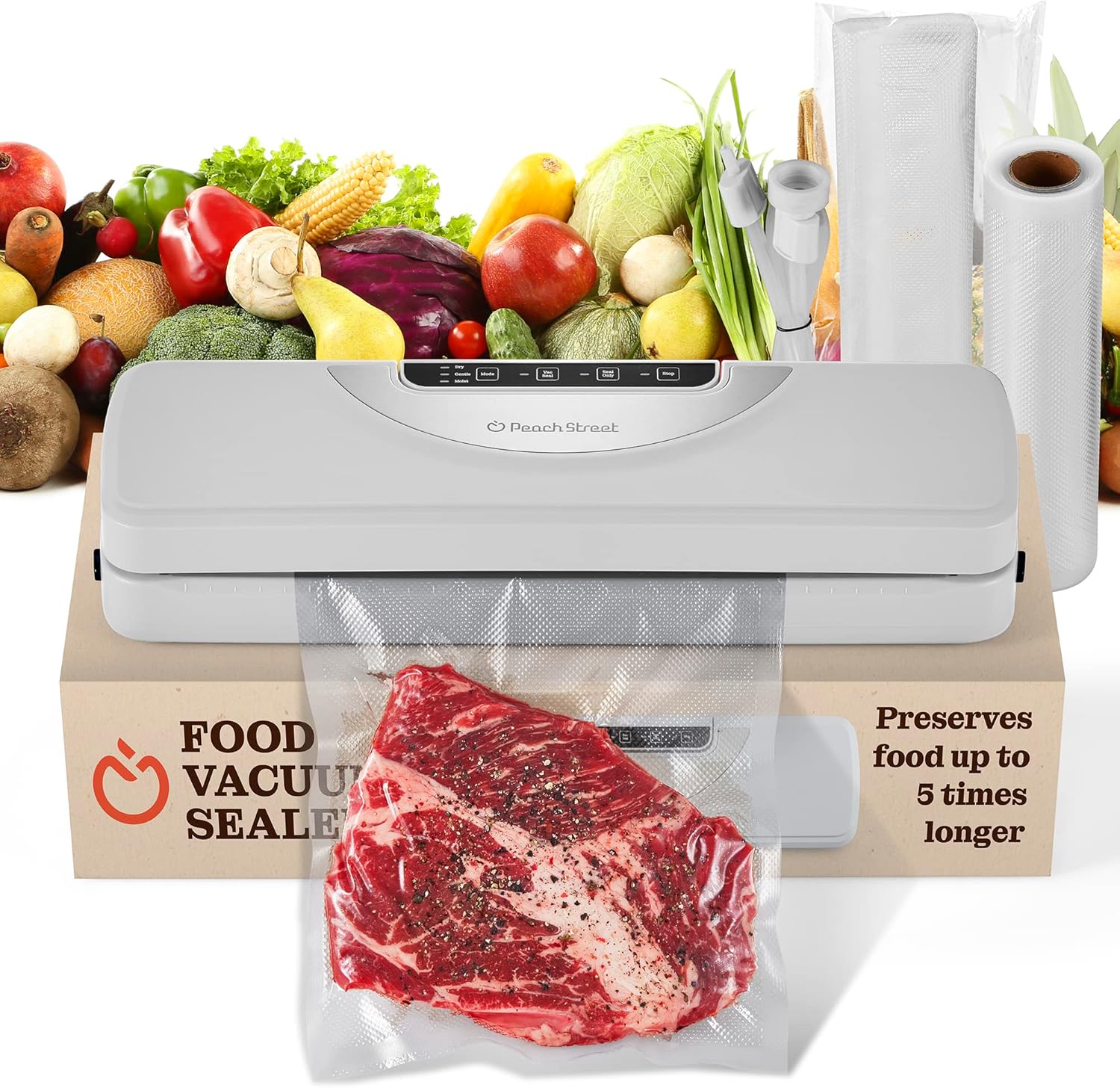 Superior Vacuum Sealer Machine, Food Sealer with Built-in Cutter with Dry, Gentle, Moist, Cycles. for Food Packing, Preservation, Sous-Vide, Starter Kit Includes 5 Bags 8x10", Roll 8x118", Sealer Hose