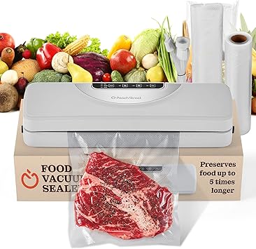 Superior Vacuum Sealer Machine, Food Sealer with Built-in Cutter with Dry, Gentle, Moist, Cycles. for Food Packing, Preservation, Sous-Vide, Starter Kit Includes 5 Bags 8x10", Roll 8x118", Sealer Hose