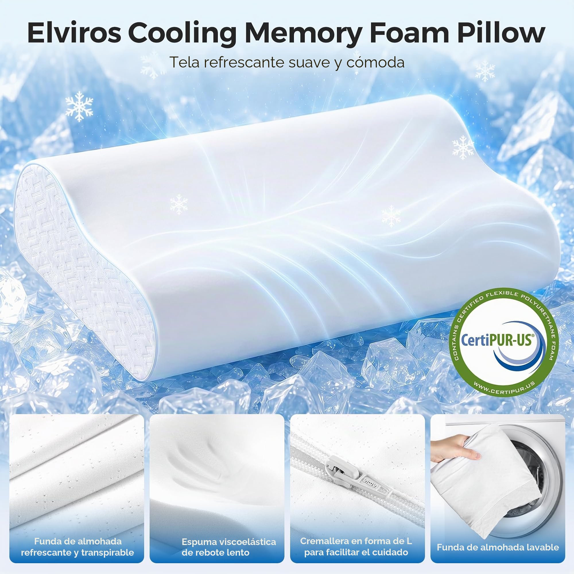 Elviros Almohada Cervicales y Cuello de Memory Foam Altura Ajustable, Almohada Cervical Ortopedica Ergonómica para Dormir de Lado y Boca Arriba, Funda Transpirable y Desenfundable,60×35.5×13,5/11.5cm