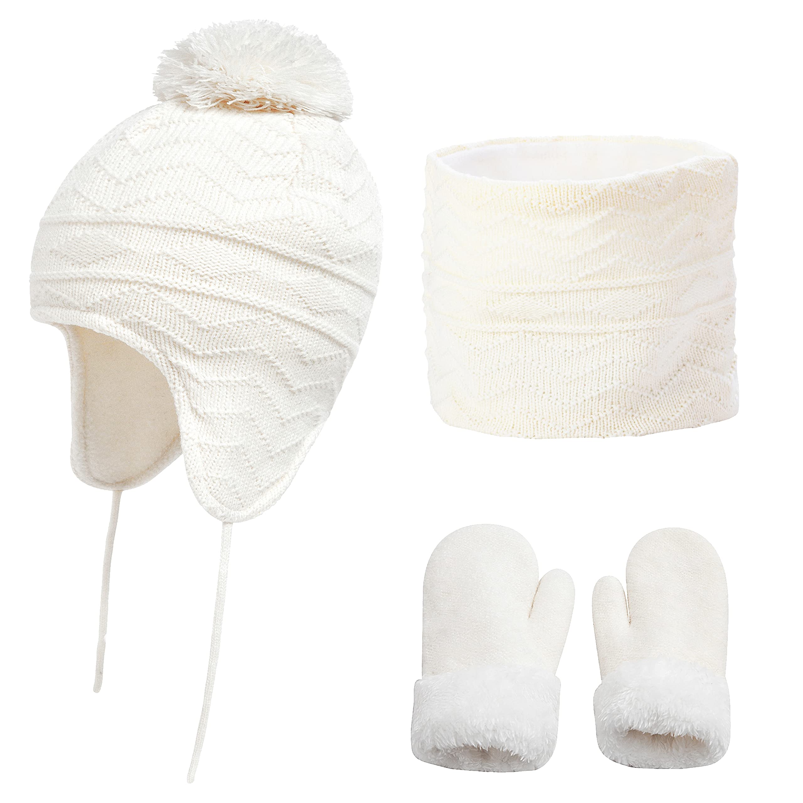 CheChury Sombrero de Invierno Bufanda para Niñas Niños Gorro y Bufanda Mitones de Punto Bebés y Niños Pequeños Gorro de Invierno con Color Puro Sombrero de Pompón Niñas Niños 1-6 Años