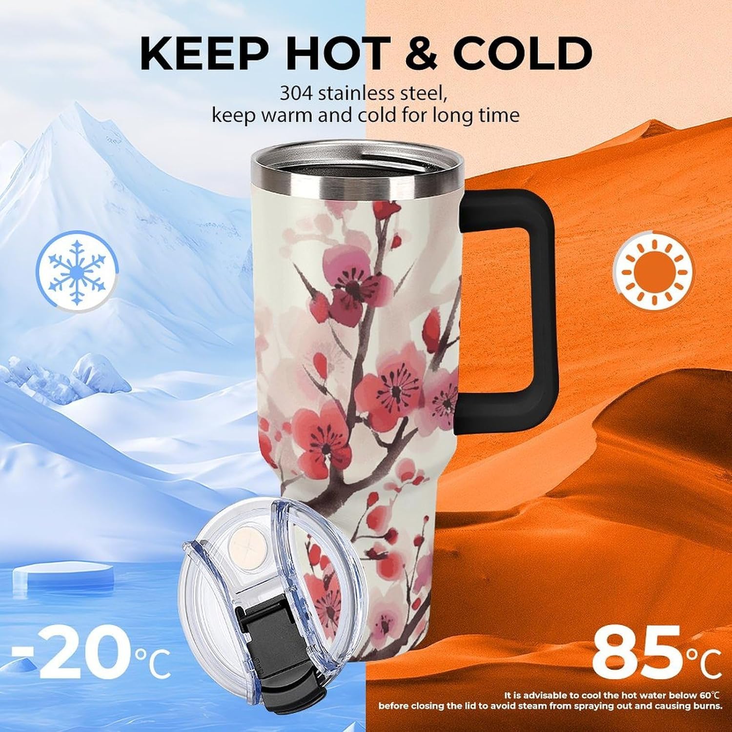 40 Oz Tumbler with Straw And Lid Japanese Spring Plum Floral Insulated Travel Coffee Mug Stainless Steel Water Bottle Vacuum Insulated Tumblers for Sport Work Car Travel Weekends
