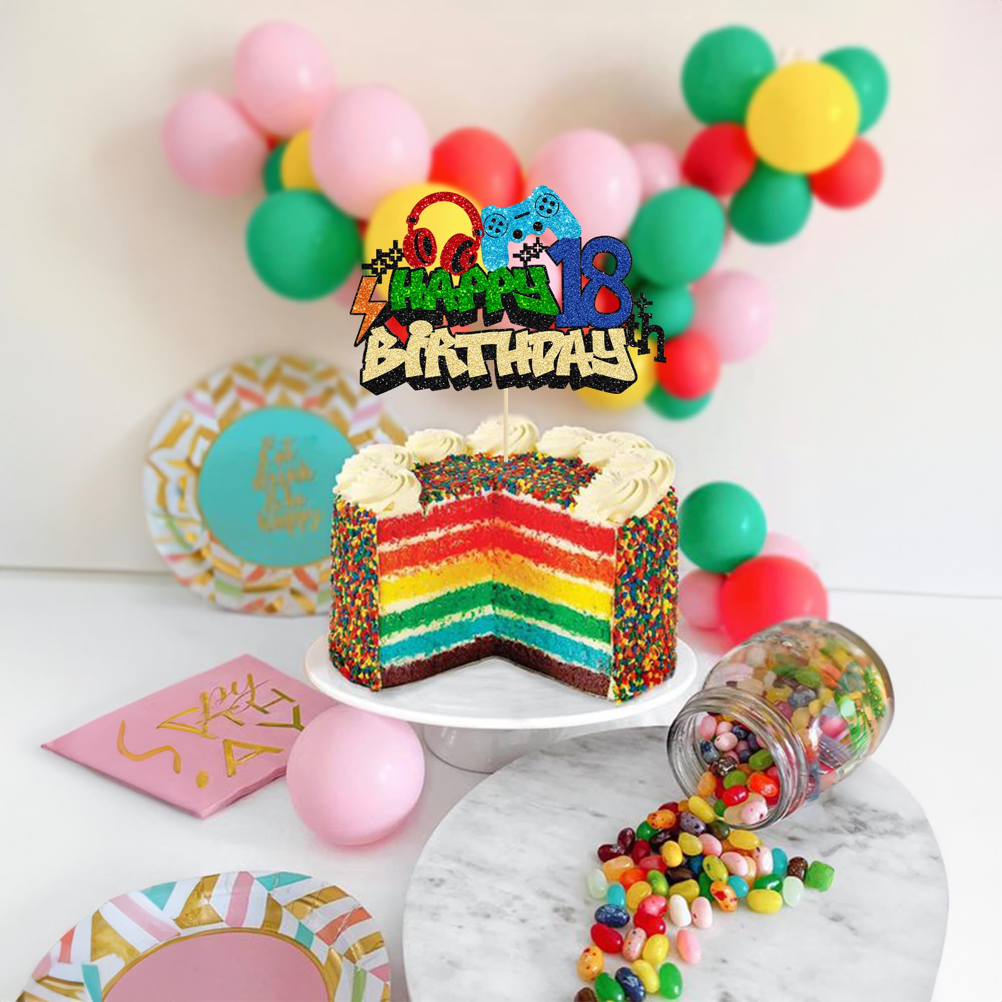 Gyufise 1Pcs Happy 18th Birthday Cake Topper Glitter Video Game Cake Pick Game On Controllers Eighteen Cheers to 18 Years Cake Decoration for Game Theme Happy 18th Birthday Party Supplies 3
