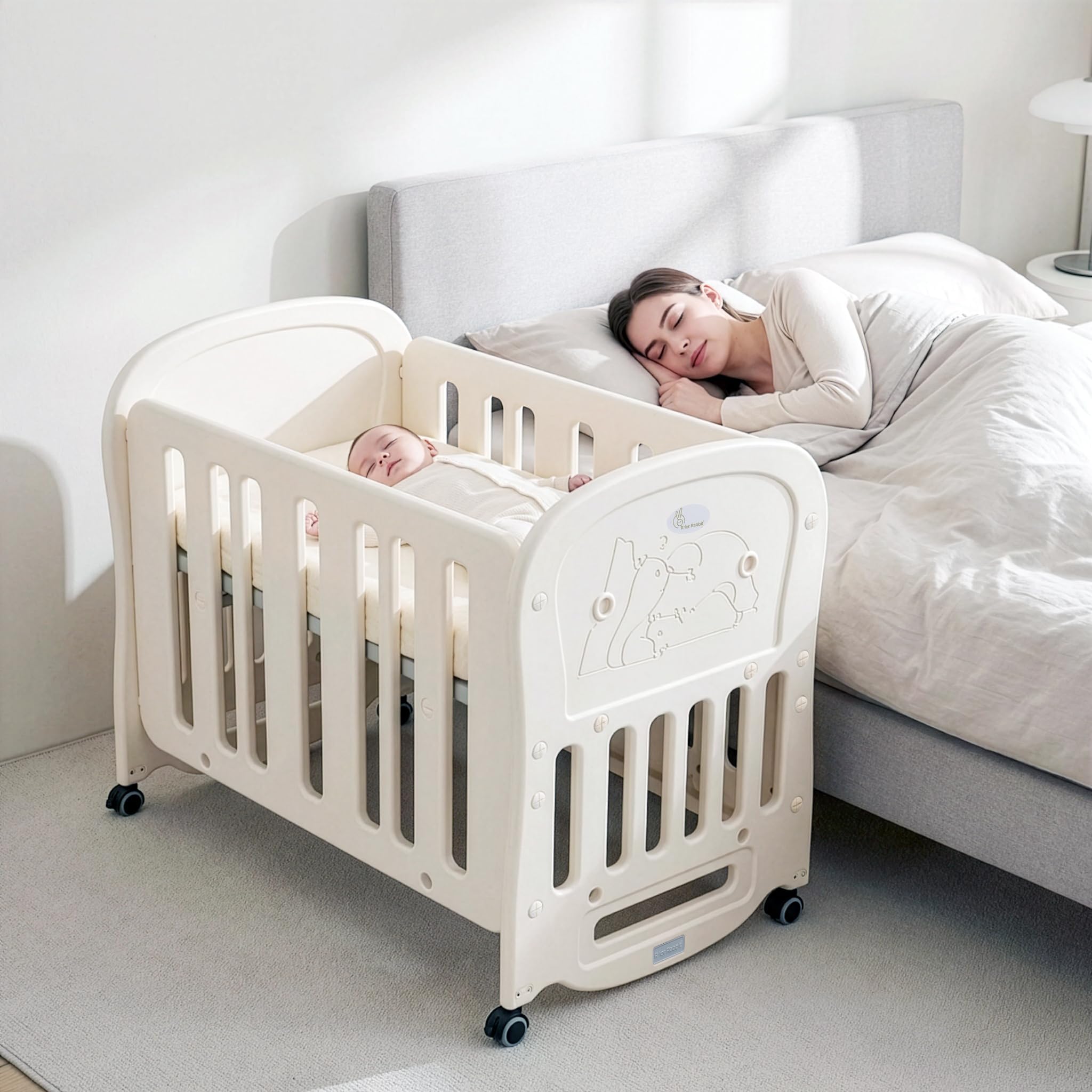 - R for Rabbit Dream N Play 2-in-1 Rocking Baby Cot & Crib for Kids, 360ยฐ Wheels with Brakes Quick Assembly HDPE Material BPA Free for 0-3 Years Toddler Weight Capacity Up to 20kg (Beige)