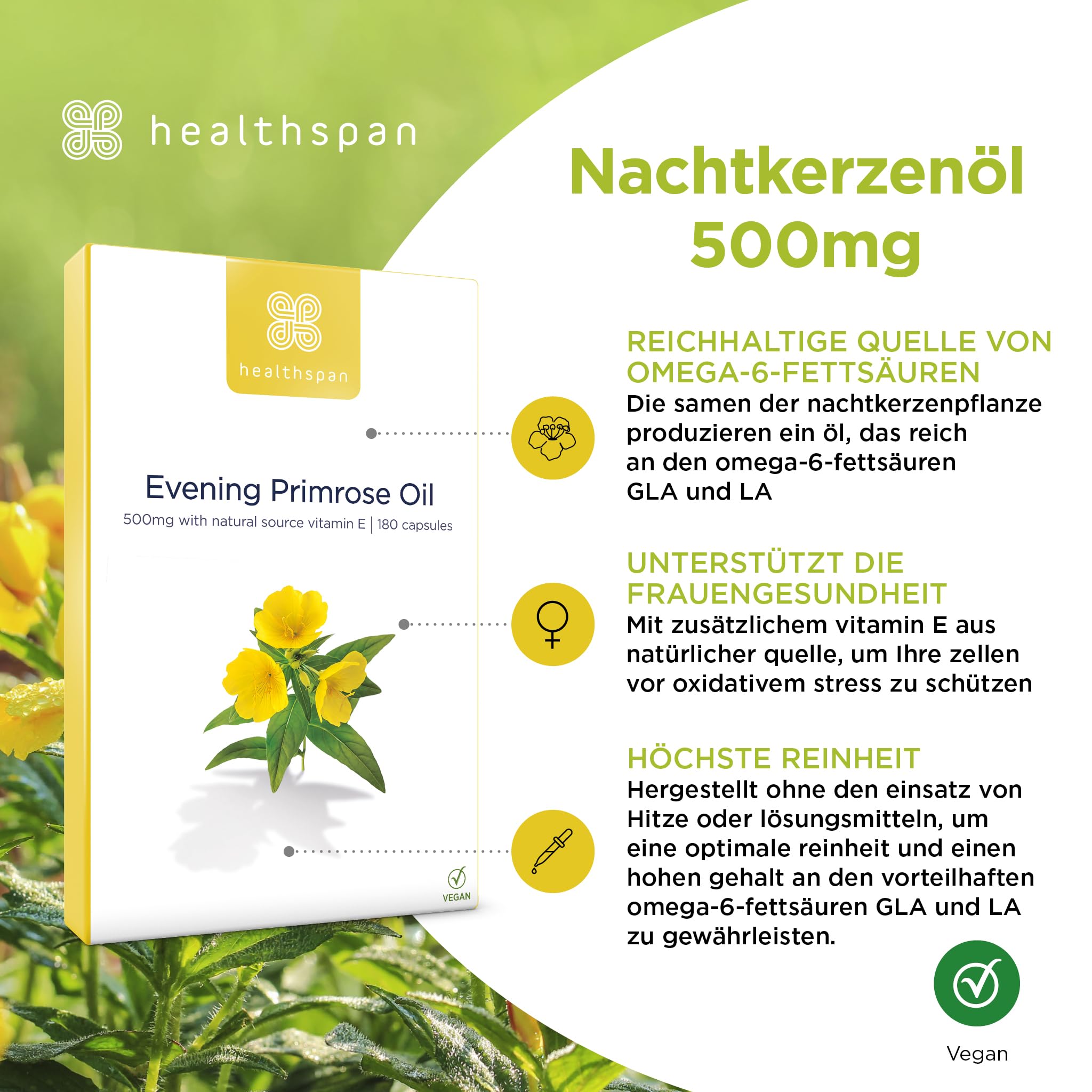 Healthspan Nachtkerzenöl 500 mg | Wohltuende Omega-6-Fettsäuren | Mit zusätzlichem Vitamin E | Zur Unterstützung der Frauengesundheit | Vegan | 180 Kapseln