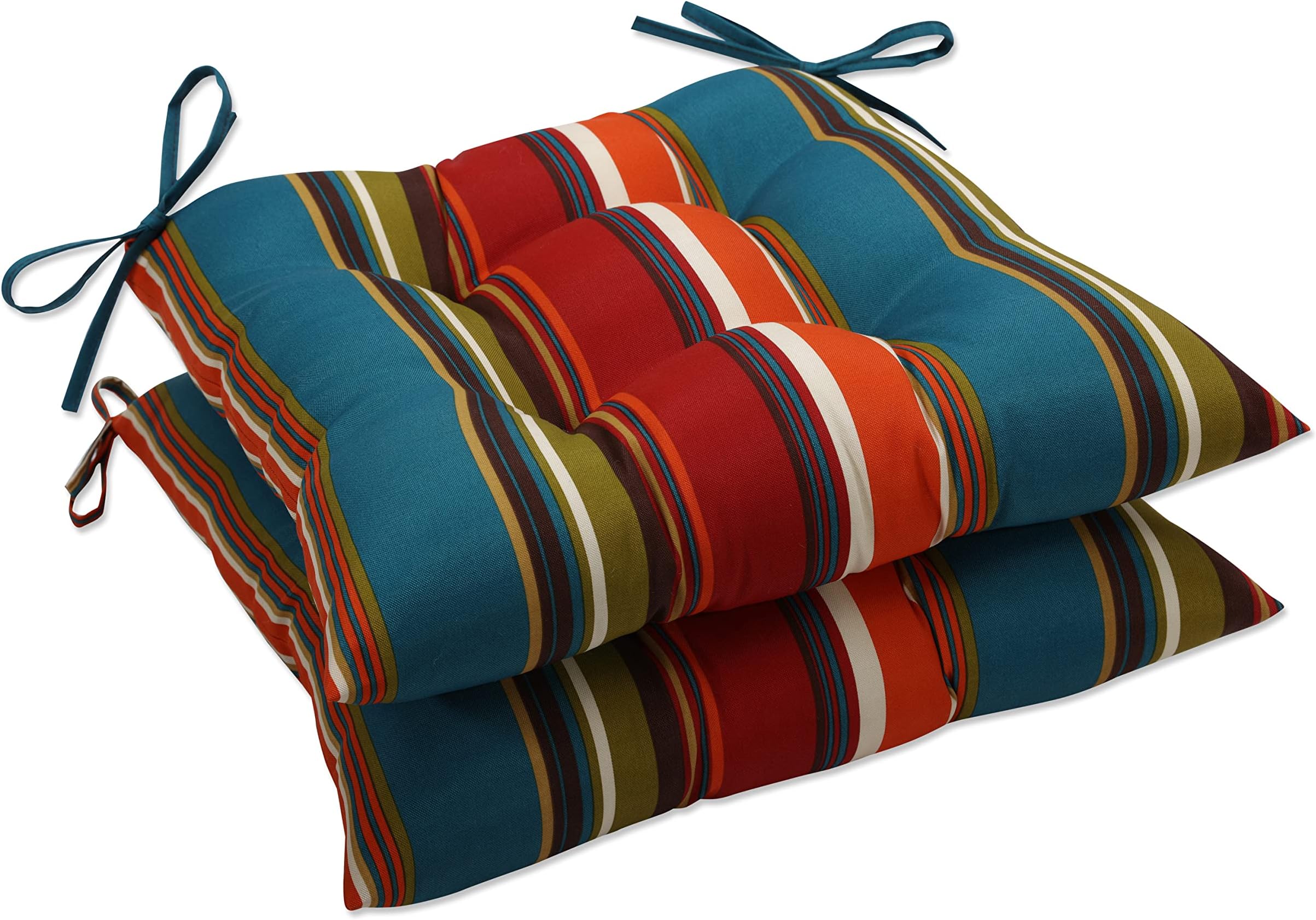 Pillow Perfect Stripe Indoor/Outdoor Chair Seat Cushion with Ties, Tufted, Weather, and Fade Resistant, 18.5" x 19", Red/Brown Westport, 2 Count