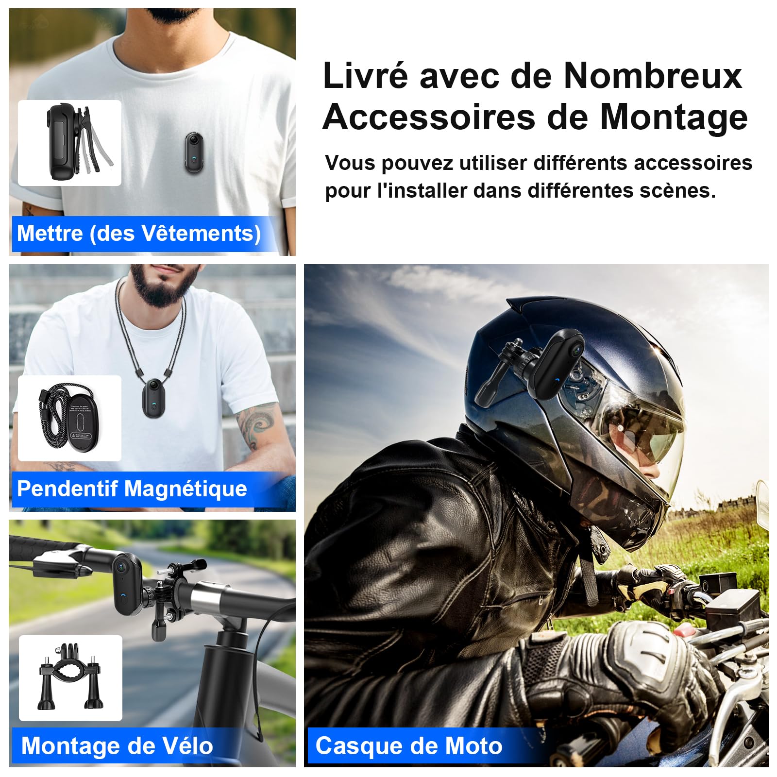 Caméra d'action 64GB, Caméra d'action WiFi pour Casque de Moto, Caméra Vidéo Portable HD 1080P, Mini Caméra de Corps de Sport avec Clip Rotatif 360°, Étui Étanche et Multiples Accessoires
