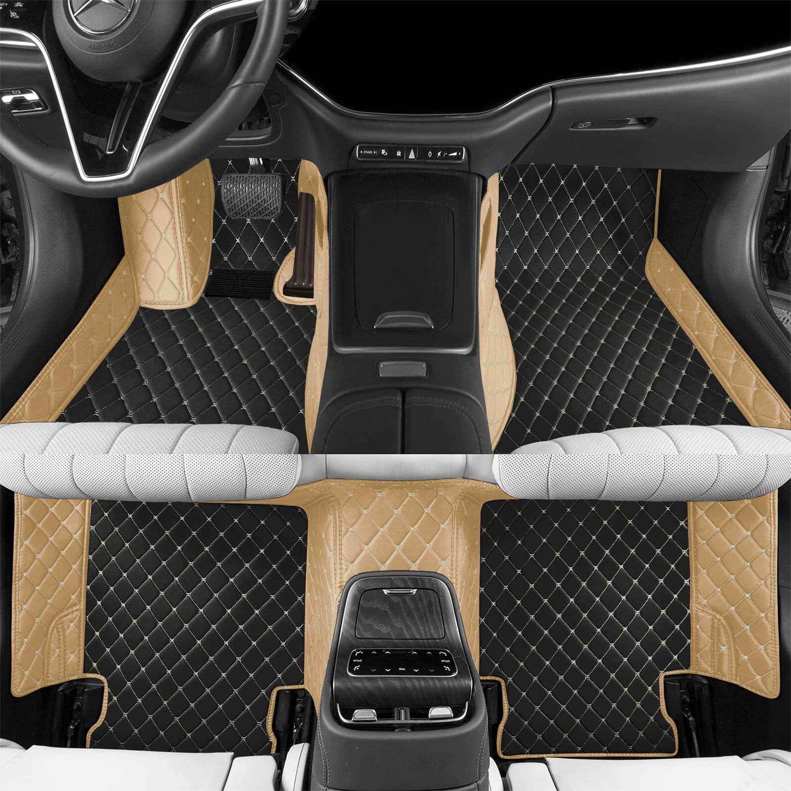 Custom car Floor mat is Compatible for Mercedes-Benz，to All Models for Benz (2000-2025) C260/C200/S500/ A260/ B200，Luxurious ‌All-Weather car Floor MATS. (Black Rice & Beige)