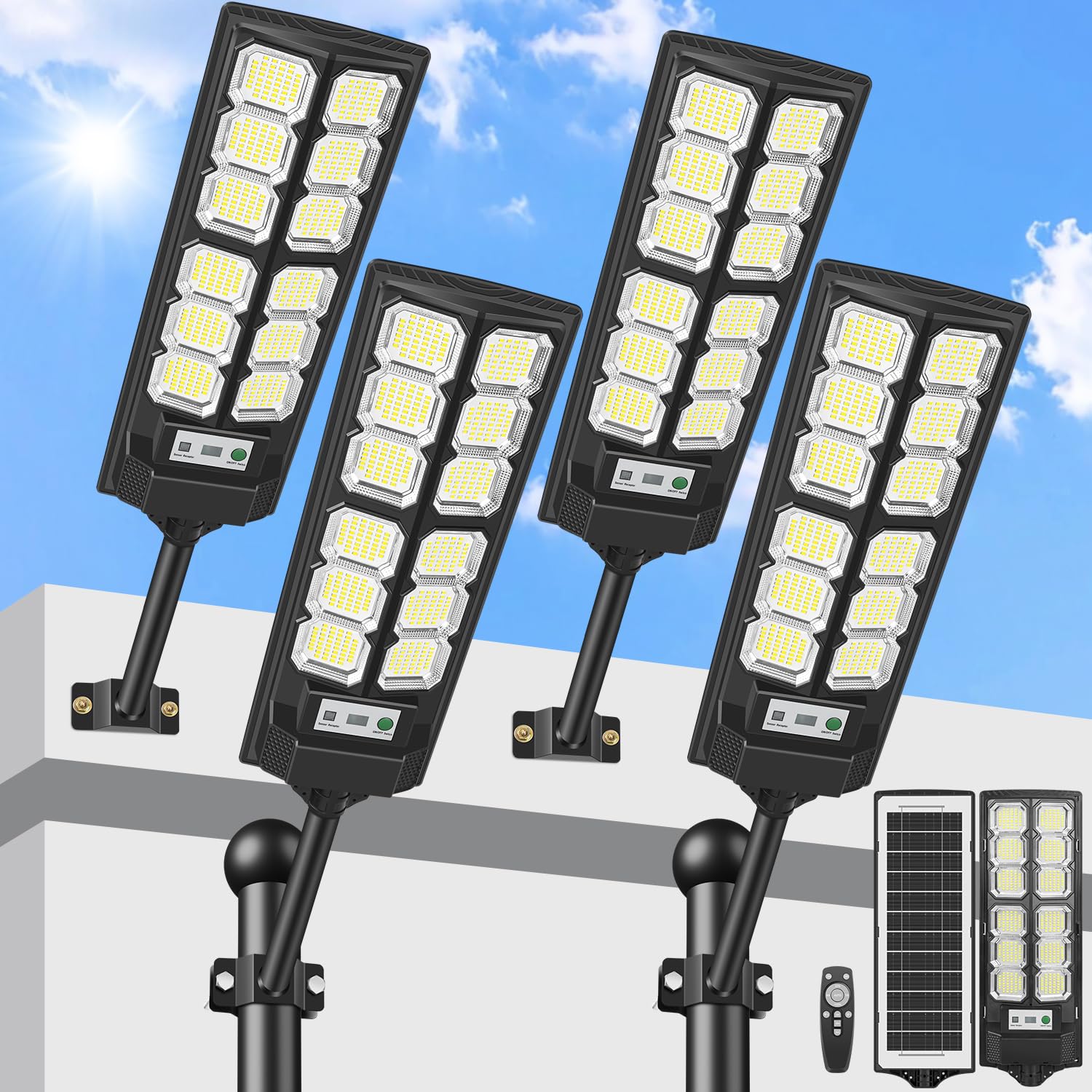 Farolas Solares Exteriores, 700W Potente Farola Solar con Sensor de Movimiento, Mando a Distancia, 6500K Impermeable Foco Solar Lampara Solar Luz de Seguridad para Jardín, Patio - 4 Paquetes