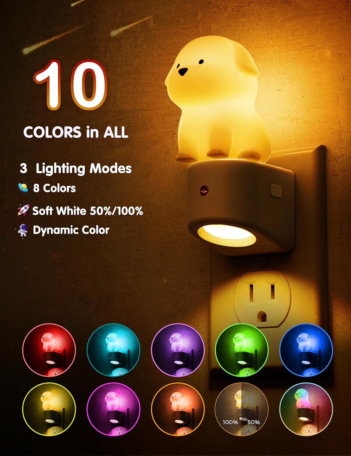 L LOHAS LED Night Light for Kids, 3D Dog Night Light Plug in, Dusk to Dawn Nursery Night Lights, RGB+Soft White 3000K, 3 Lighting Modes, Room Decor, Children