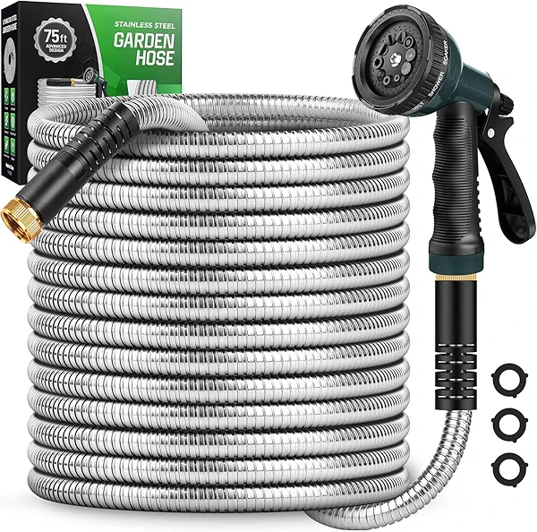 Amayrose Garden Hose with 10-Function Nozzle, Leak-proof Metal Connector Hose, No Knots, Kink-Free, Lighter, Anti-Pets, Wear-Resistant, 3/4 GHT, Water Hose for Garden, Yard, Outdoor（75 FT）
