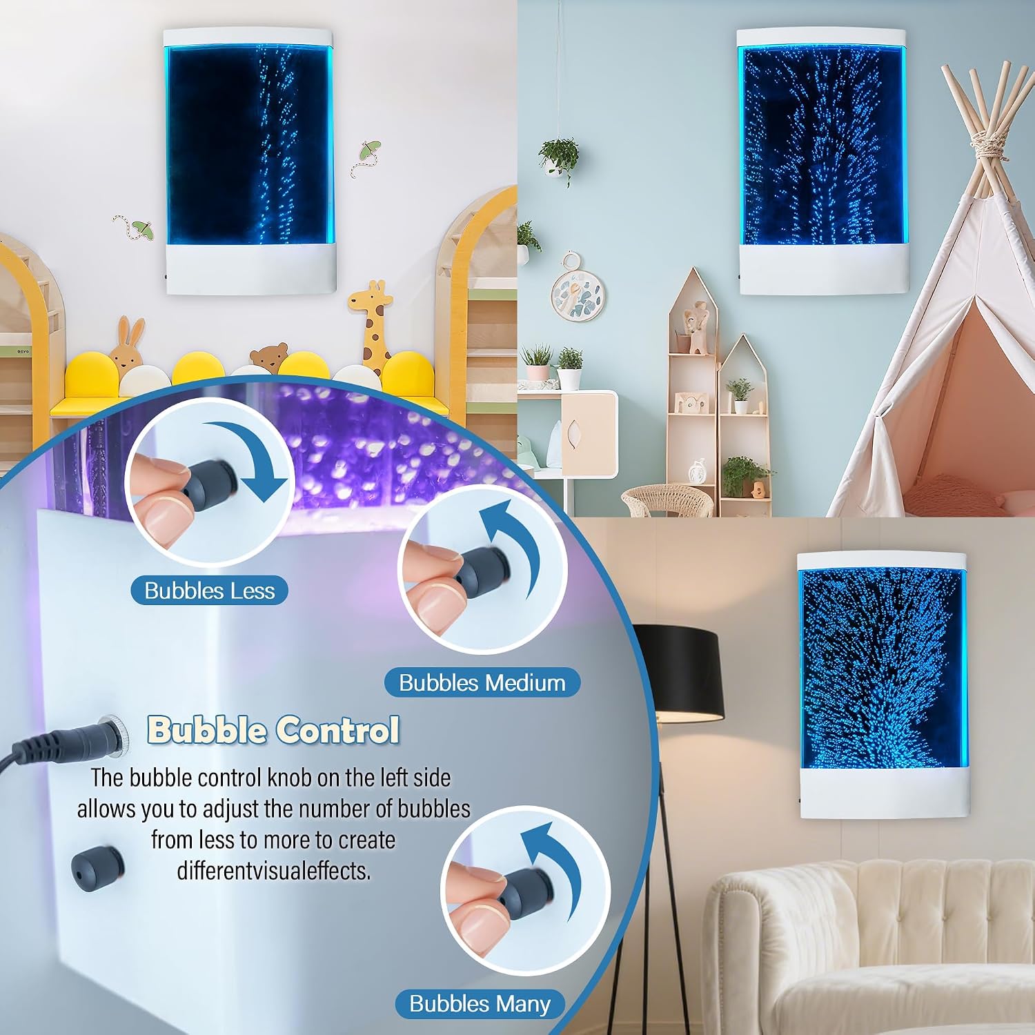 Sensory LED Colorful Bubble Curved Wall – 31.5-Inch Wall-Mount Indoor Bubble Wall Water Fountain with 8 Color-Changing LEDs for Sensory Rooms, Daycare Centers, and Children's Areas in Malls