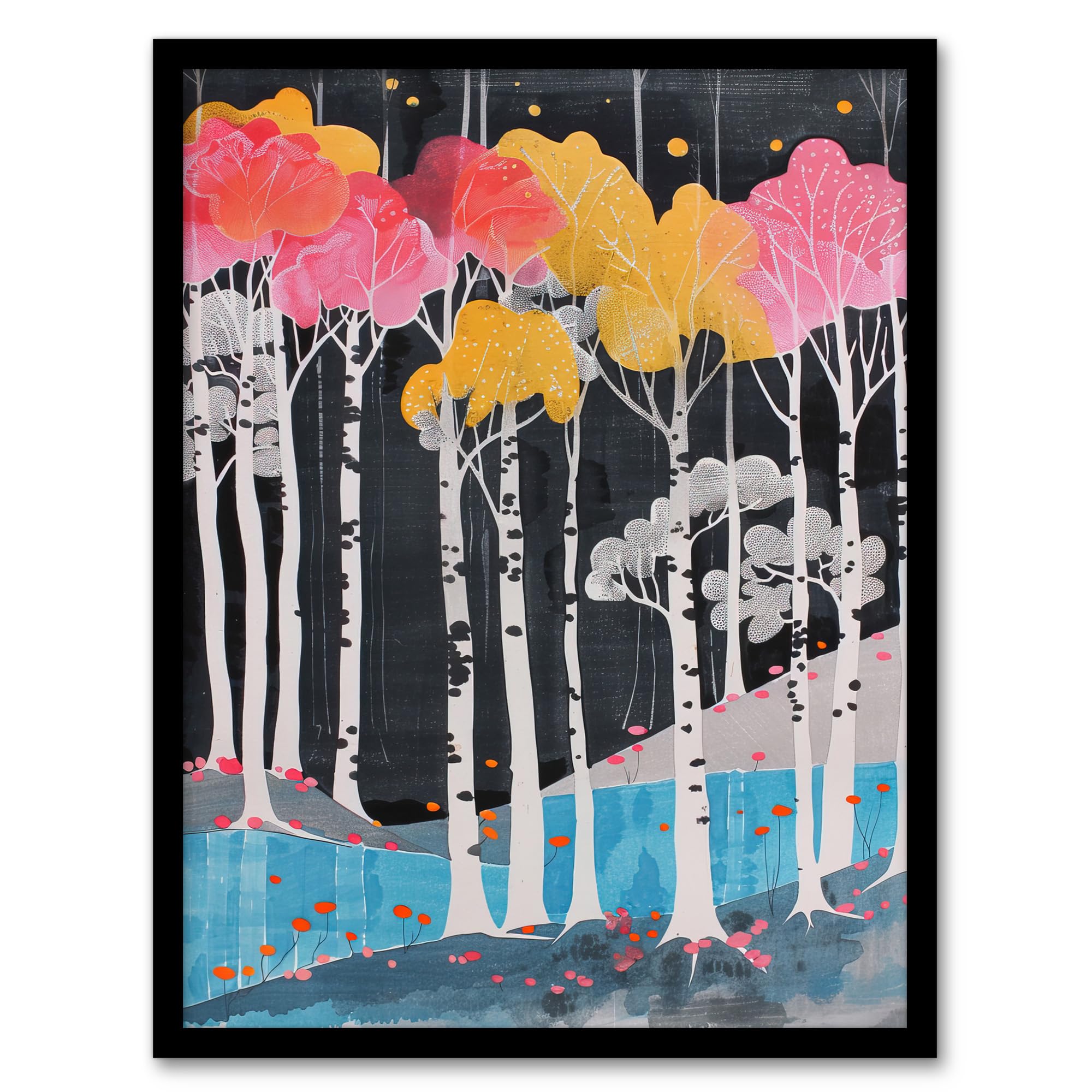 Artery8 Colourful Birch Tree Forest River Bank Landscape Living Room Artwork Framed Wall Art Print 18X24 Inch