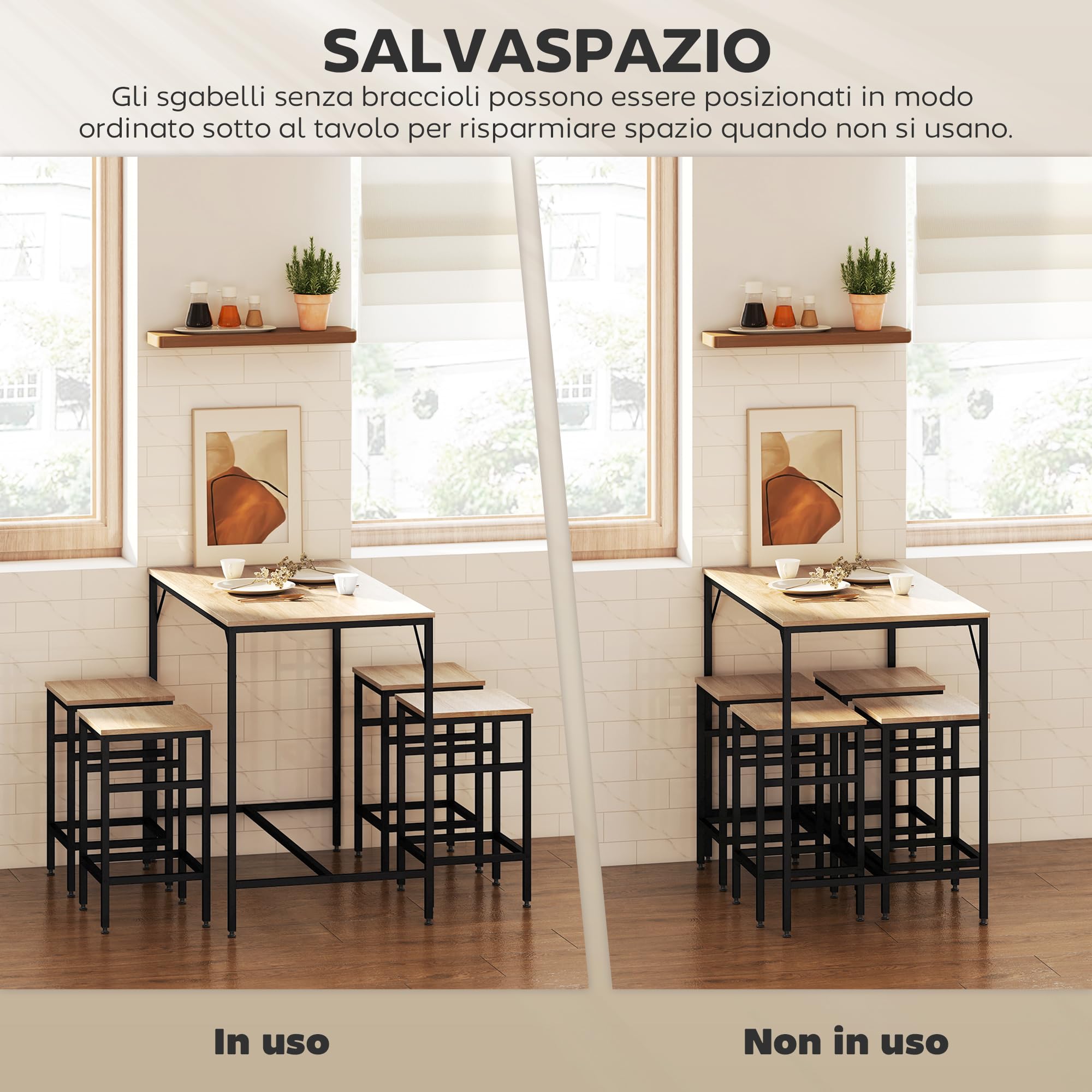 HOMCOM Set Tavolo Moderno da Cucina, Tavolo Alto con 4 Sgabelli Stile Industriale, Metallo e Legno, Arredamento Moderno, Soggiorno e Cucina, 100Lx60Px88Acm, Rovere Chiaro