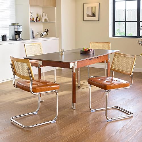 Miniatura 34 de Juego de 4 sillas de comedor de ratán blanco, sillas de cocina modernas de madera de mediados de siglo, sillas de comedor de caña trasera de malla,