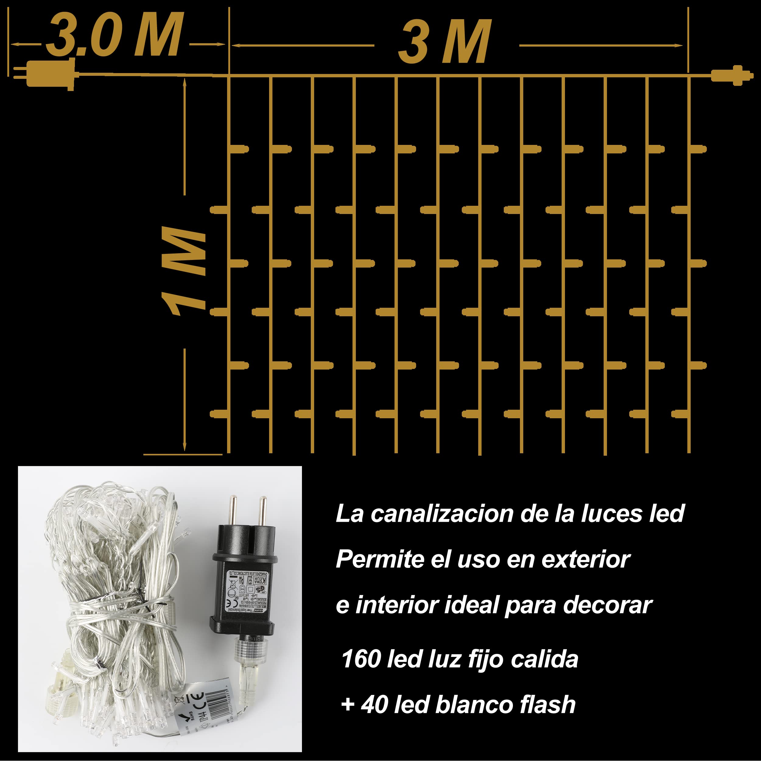 H HANSEL HOME Cortina de Luces LED de 3m x 1m 160 LED Fijo+40 LED Flash Cortina Luces Navidad Impermeable IP44 Exterior y Interior - Luz Cálida y Blanca Efecto Flash
