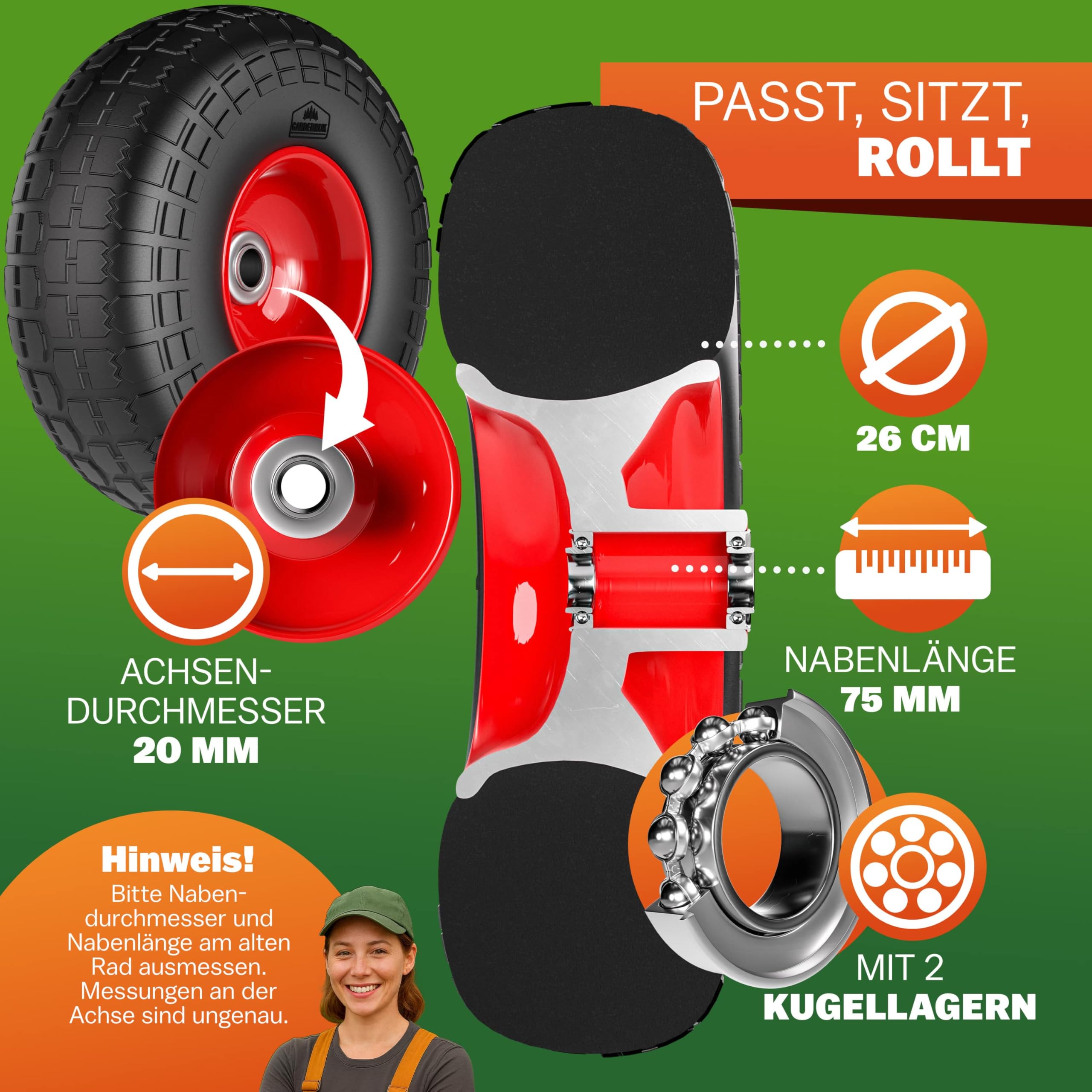 GARDEBRUK® Sackkarrenrad 2er Set PU Vollgummi Pannensicher 200kg Belastbarkeit Stahlfelge 20mm Achse Einfache Montage Langlebig Reifen Ersatzrad Räder