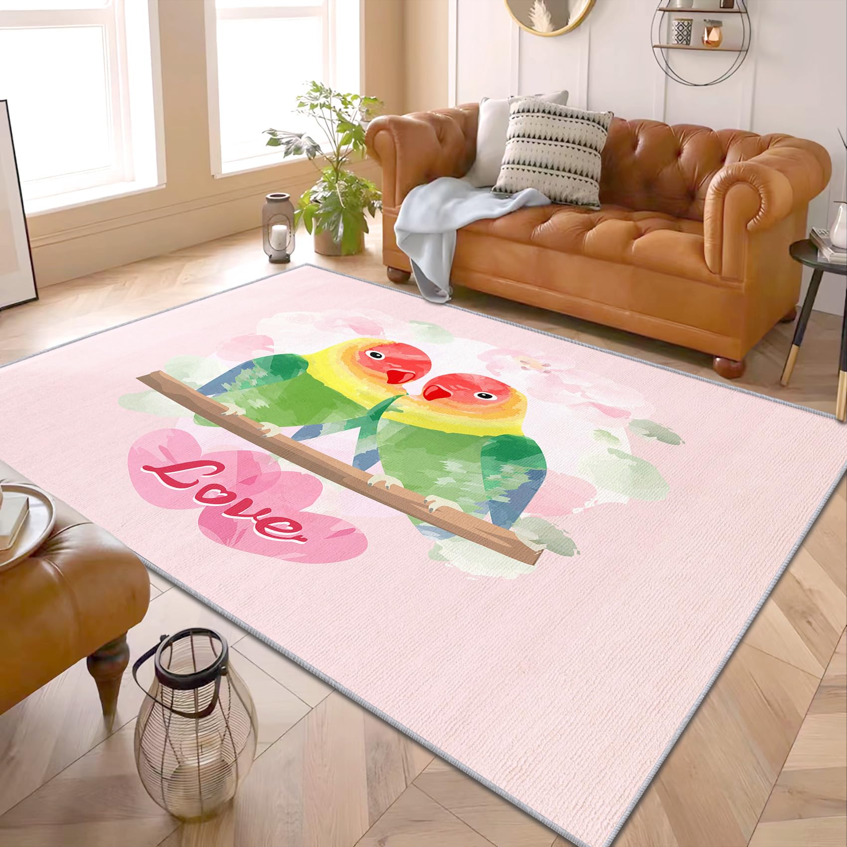 PaxGloz Parrot Rug - Cute Love Birds Rug, Pink Romantic Rugs for Living Room Bedroom, Washable Non Slip Soft Large Carpet, Patterned Area Rugs & Home Decor 120x170 cm โ image 1