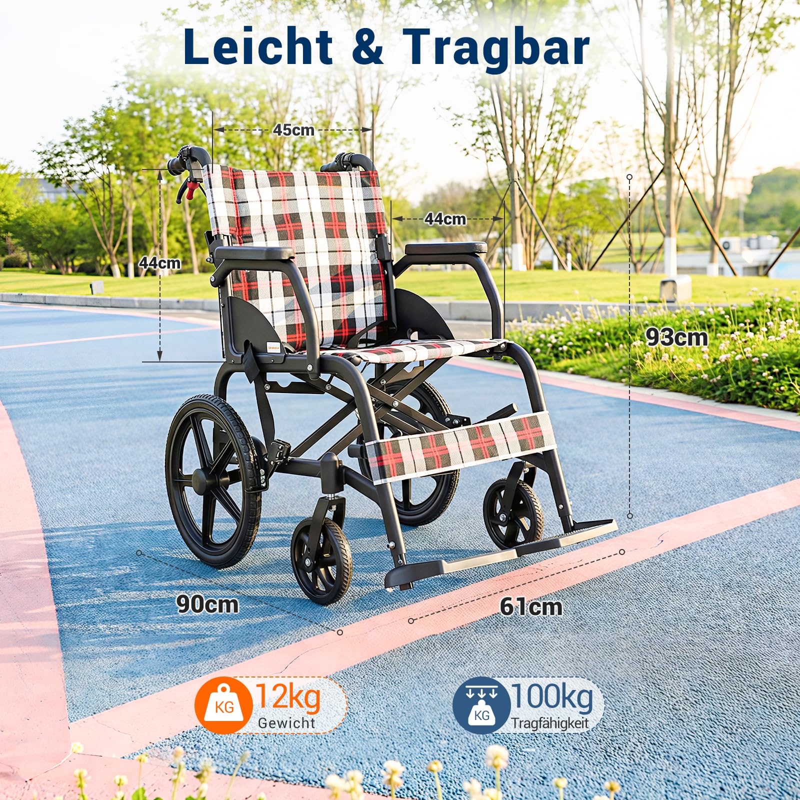 Care-Parents Transportrollstuhl Faltbar Leicht (11kg), Aluminium Rollstuhl mit 16 Zoll Hinterrädern & Pannensichere Bereifung, 45cm Sitzbreite, Doppelbremse & Sicherheitsgurt, für Senioren (CP-30A6N)