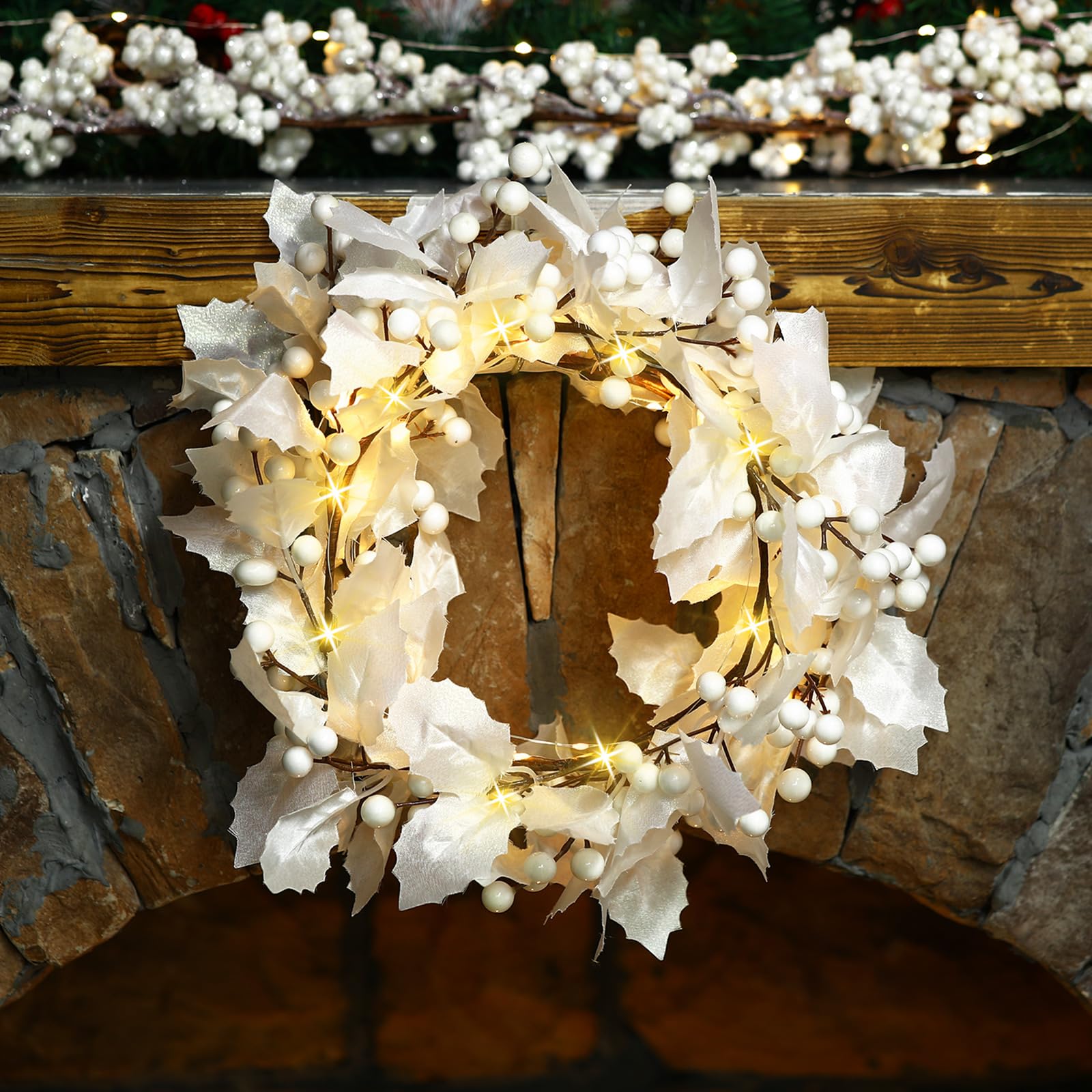Syhood Guirnalda de bayas de Navidad de 6 pies, guirnalda de hojas de acebo iluminadas de Navidad, guirnalda artificial para interiores, decoración de otoño y Navidad, guirnalda de luces para chimenea