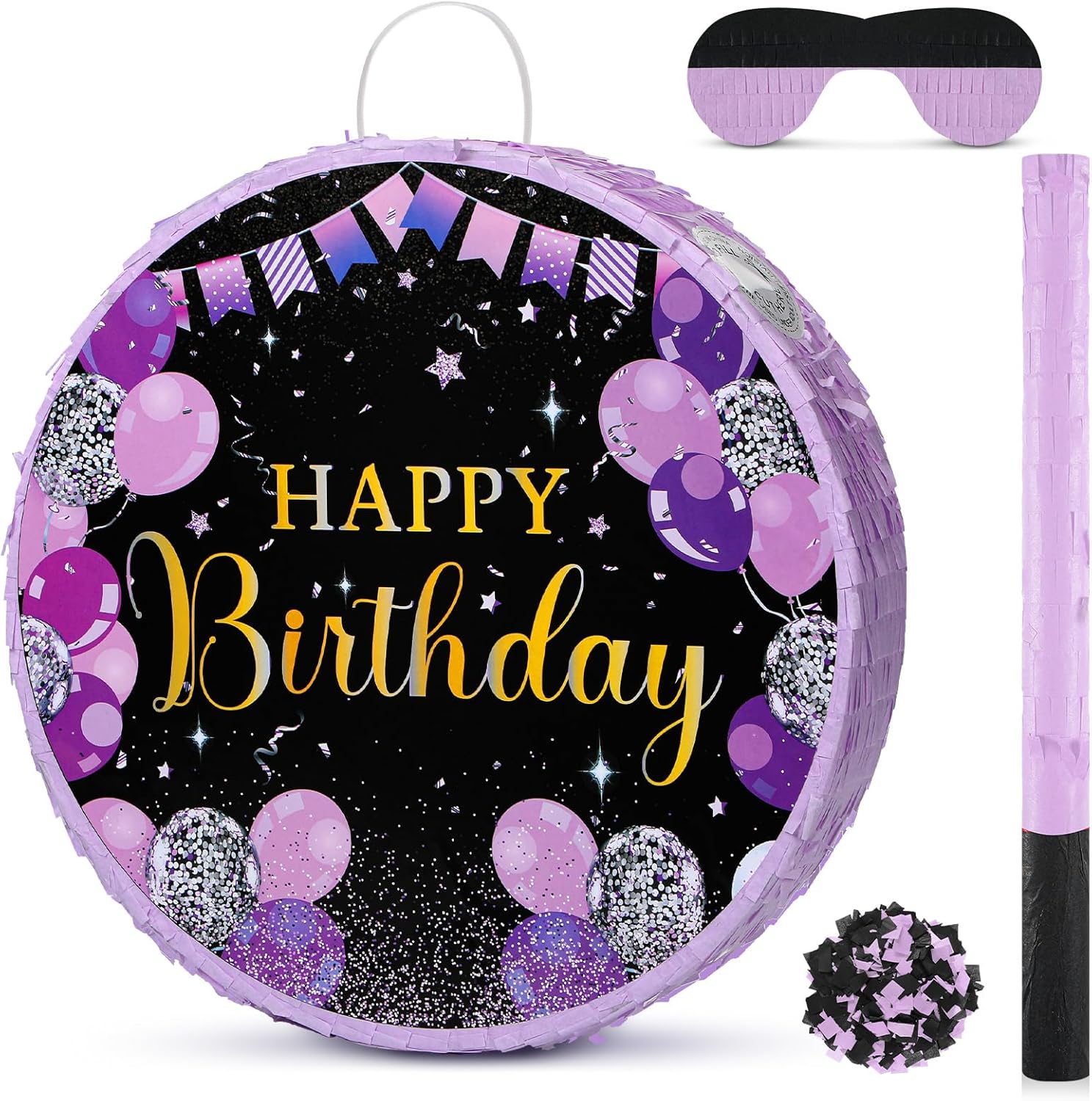 Sinmoe Birthday Piñata with Stick Blindfold and Confetti for Boys Girls Men Women Birthday Party Supplies (Purple)