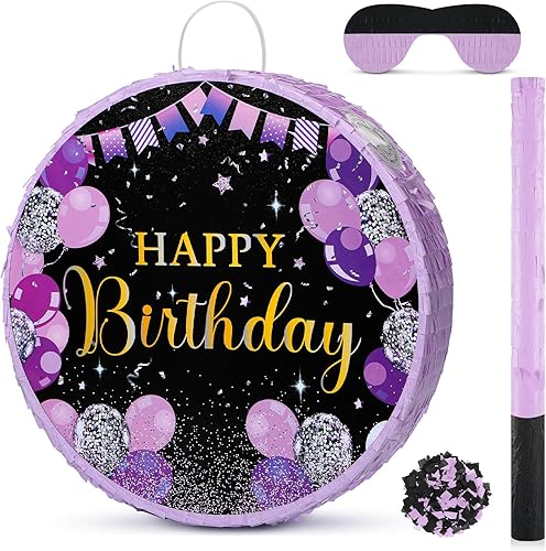 Miniatura 8 de Sinmoe Piñata de cumpleaños con palo vendados y confeti para niños, niñas, hombres y mujeres, suministros de fiesta de cumpleaños (azul y plateado)