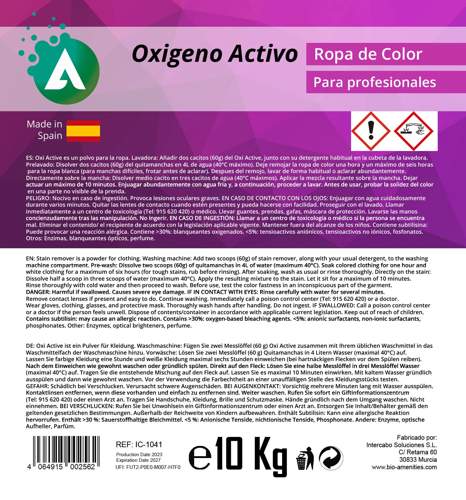 Polvere Antimacchia 10 kg per Capi Colorati - Potenziatore di Lavaggio con Ossigeno Attivo - Efficace Senza Cloro - Uso Professionale o Domestico - Smacchiatore per Bucato - VITACAB