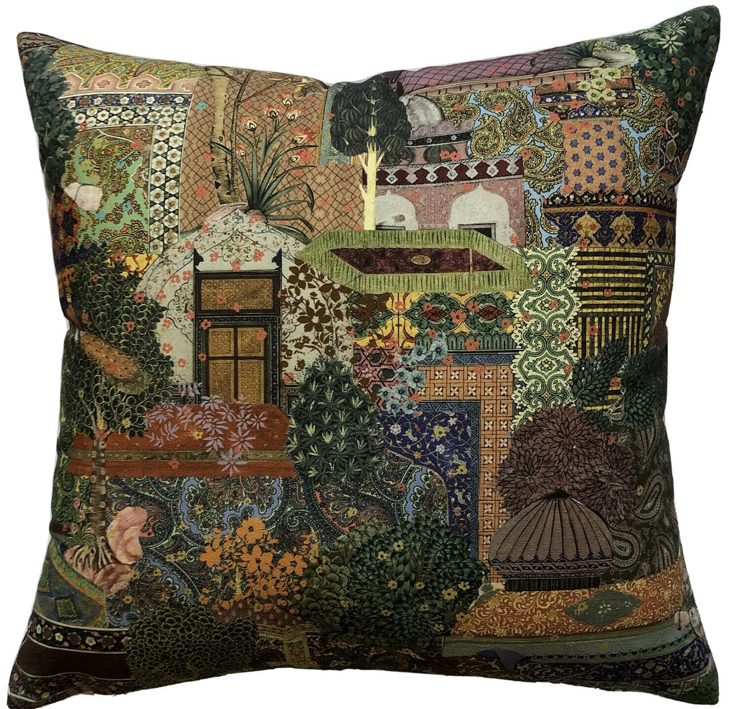 Pagoda Green Toffee Japanese Motif Cushion Cover 16" Square Printed Pattern Oriental Botanical Decorative Pillow Case