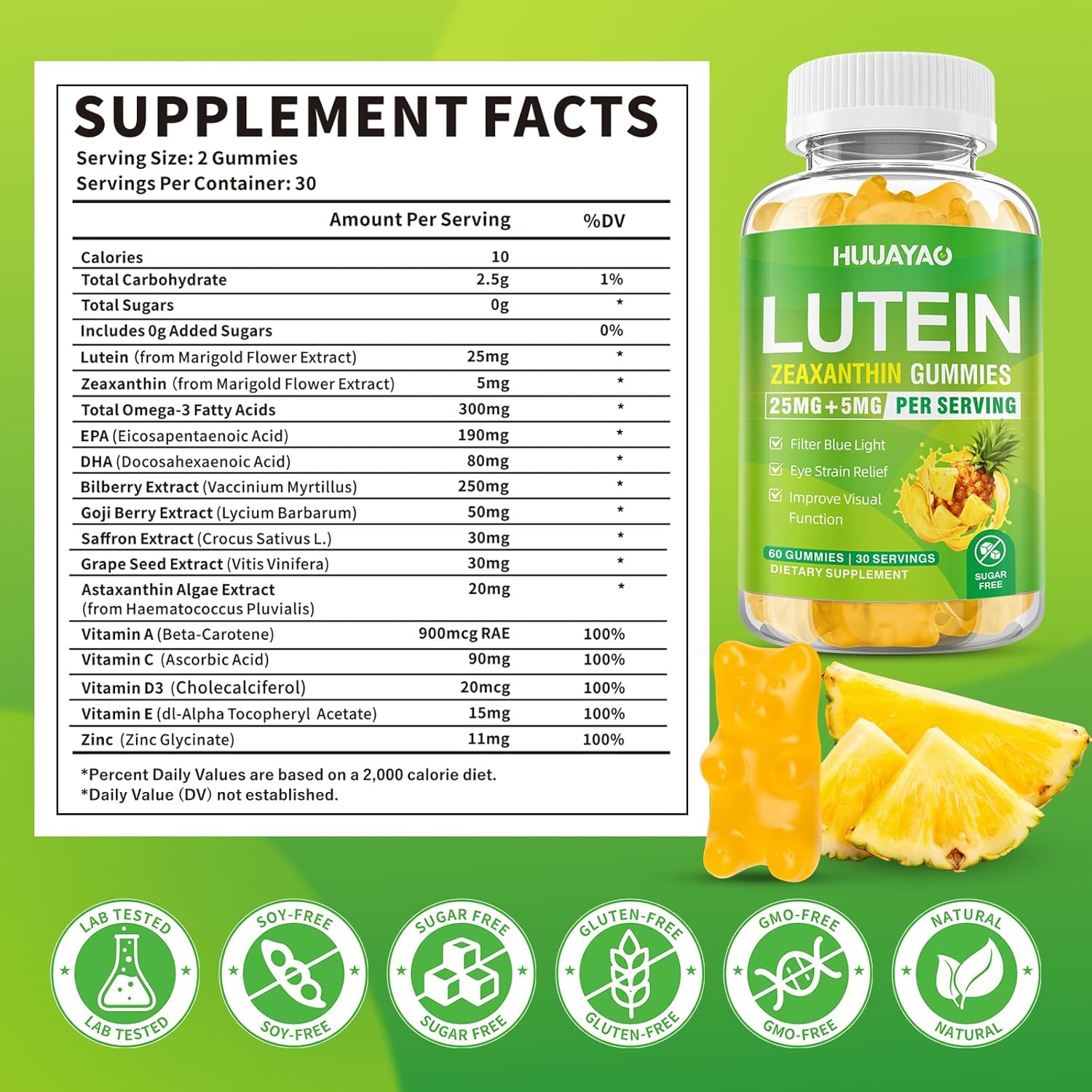 HUUAYAO Lutein Gummies 25mg, Lutein and Zeaxanthin Supplements Eye Vitamins Gummies for Support Blue Light Protection, Vision & Overall Eye Health, Sugar Free, Pineapple Flavor, 60 Count - Image 2