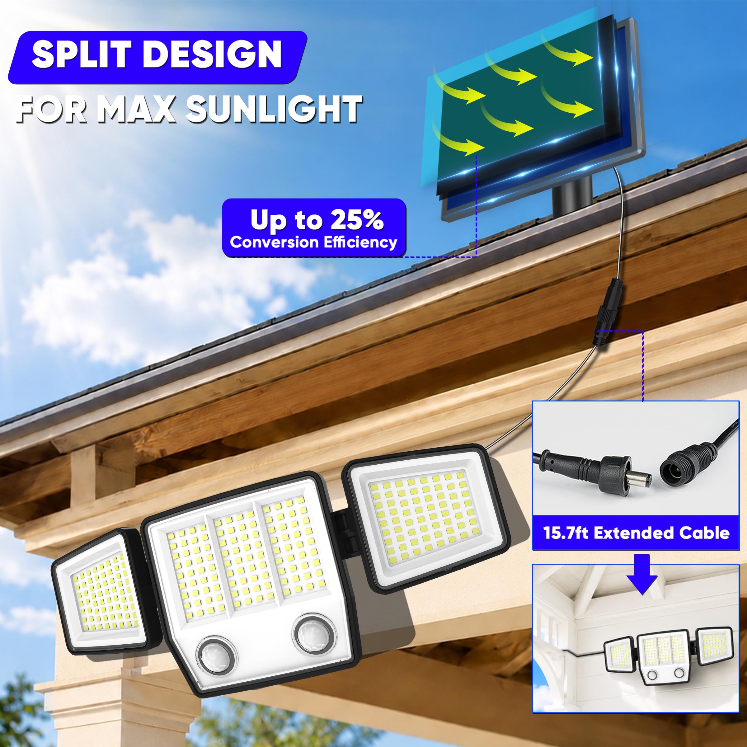 Luci solari per esterni da giardino con cavo da 5 m, luci di sicurezza solari da 3000 lm, sensore di movimento per esterni, con telecomando, impermeabile IP65, luci di inondazione solari per