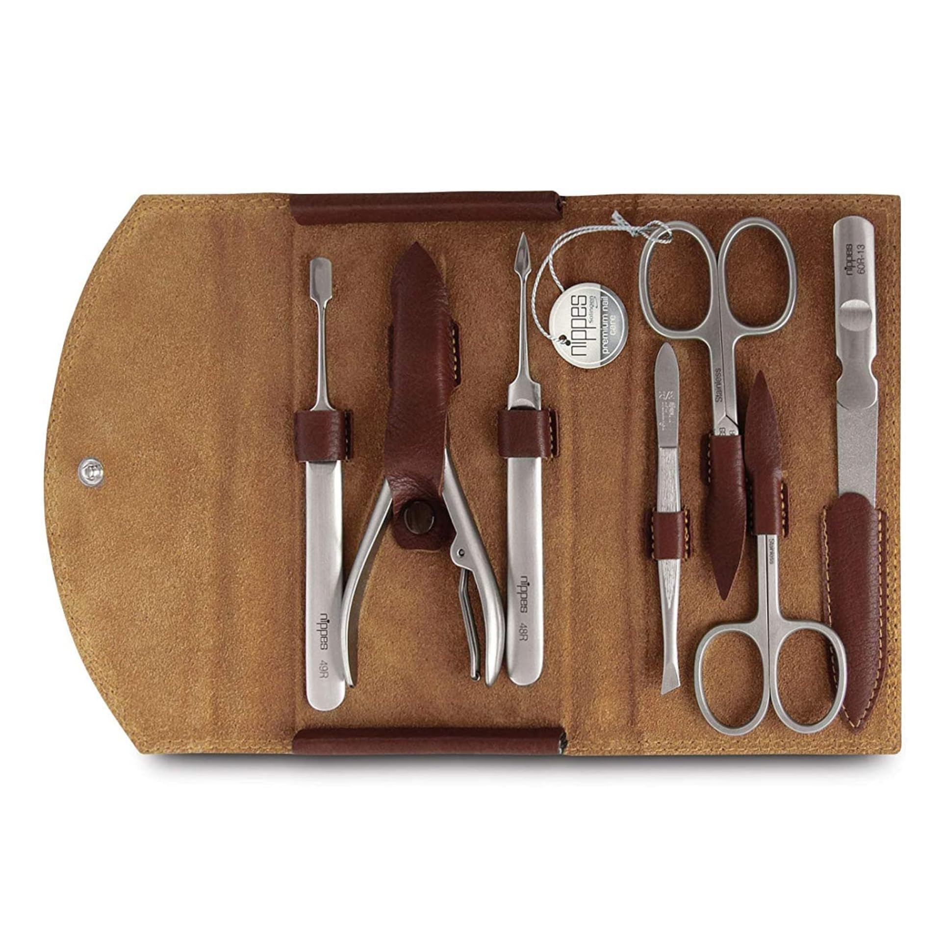 nippes Solingen Classic Premium Set Manicure, 7 pezzi, astuccio in vero cuoio bovino italiano, strumenti antiruggine in acciaio inox senza nichel, set unghie Made in Solingen/Germany