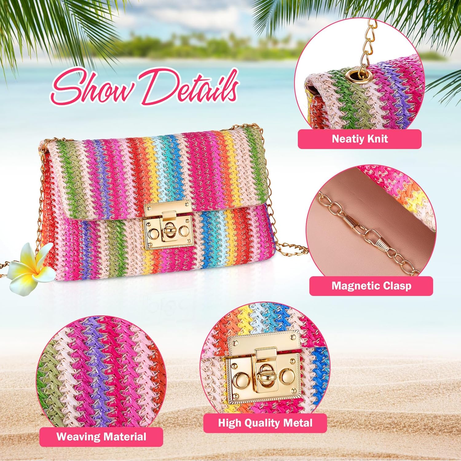 Dansydaisy 5 Pack Striped Straw Clutch Purse Crossbody Vacation Handbag Woven Rattan Dangle Earrings for Women(Colorful,Square Buckle)