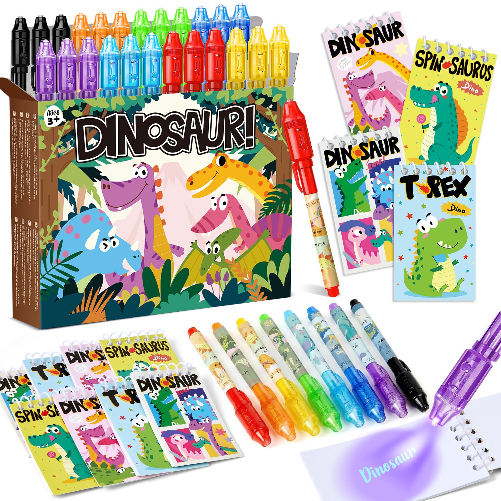 Toyssa 48Pcs Party Bag Fillers for Kids Include Invisible Ink Pen & Notebook, Pinata Filler Kids Party Favours Supplies Magic Pens Gifts for Boys Girls Birthday Christmas Classroom (Dinosaur)