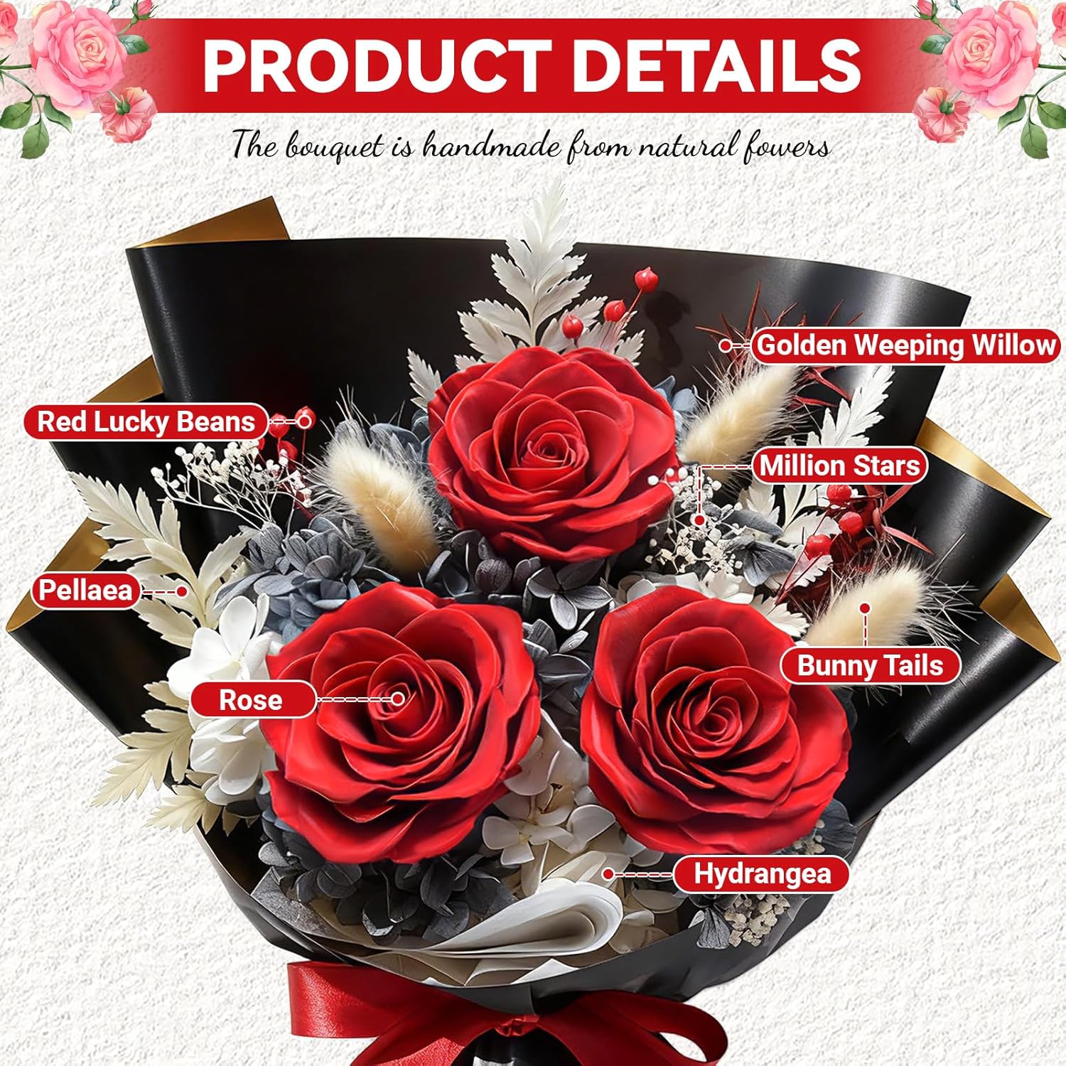 Preserved Flowers Bouquet, Flowers for Delivery,Handmade Red Rose Bouquets Lasting 3-5 Years, Luxury Gift Box,Birthday Flowers Gifts for Women Mom Grandma Wife Friends - Image 2