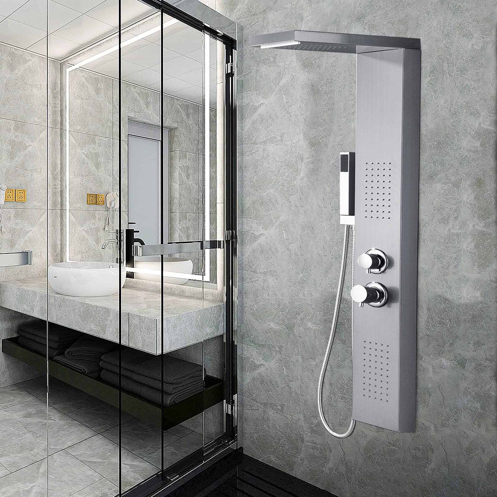 Froadp Sistema Doccia a Pioggia Pannello in Acciaio Inox Spazzolato Montaggio a Parete set Doccia con Doccia Idromassaggio Cascata e set Doccia Doccetta Lusso per Bagno (D'argento)