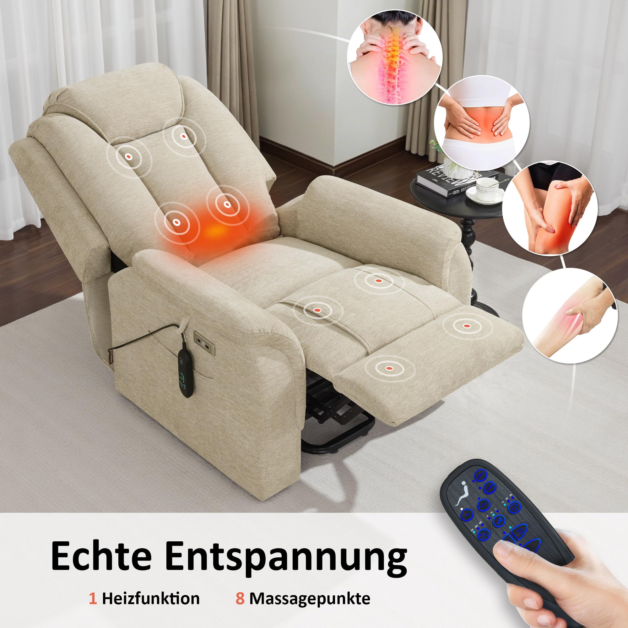 M MCombo Fernsehsessel mit Aufstehhilfe Elektrisch, 2 Rollen für Mobilität, Massage & Heizung, Verstellbare Kopfstütze, Sessel mit Aufstehhilfe 35D Vollschaum-Sitzkissen 7269 (Beige-Stoff)