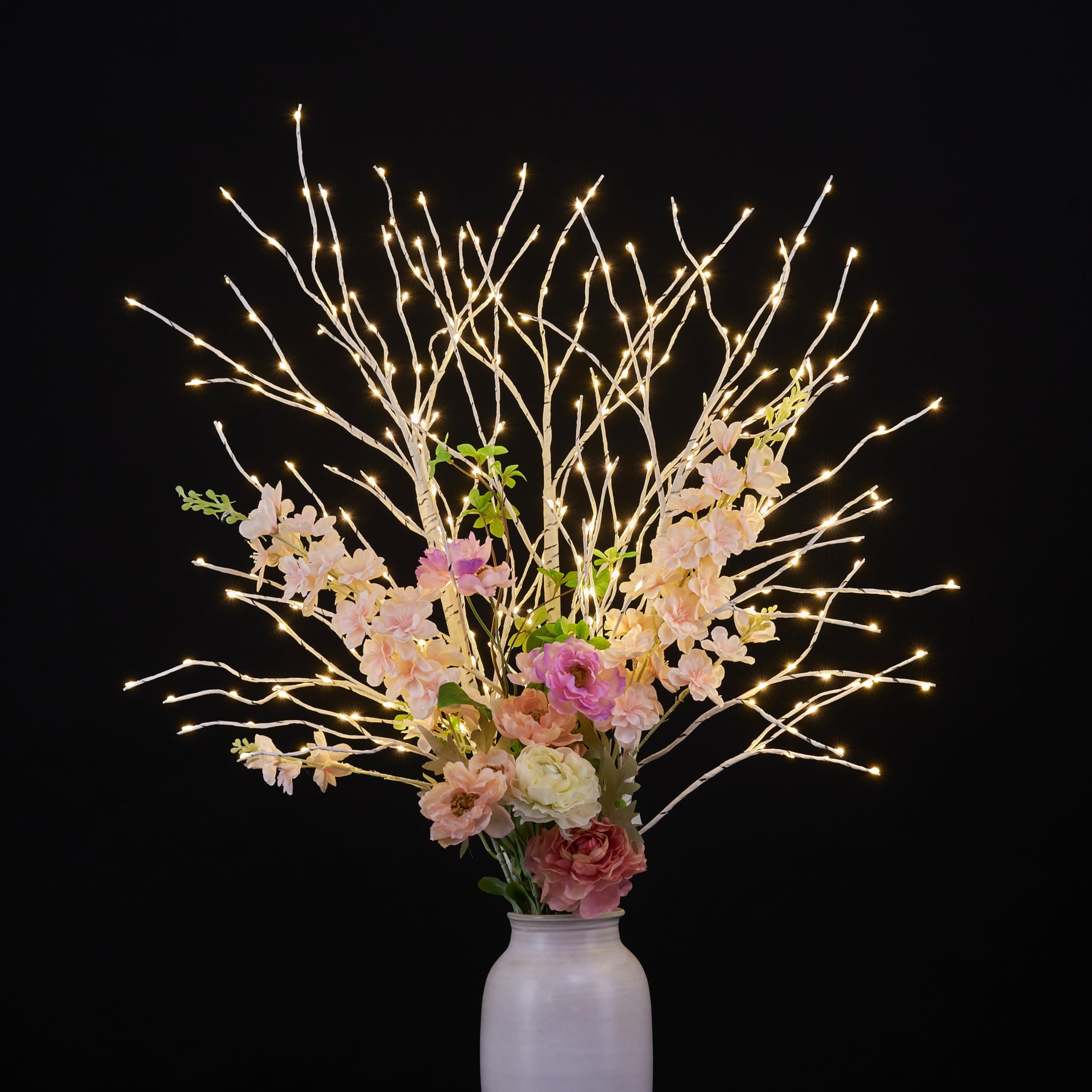 LIGHTSHARE Lighted 41IN Artificial Twig Birch Tree Branch with 300 Fairy LED Lights Plug in with Timer for Spring Thanksgiving Christmas Decoration Indoor Outdoor Sticks, White