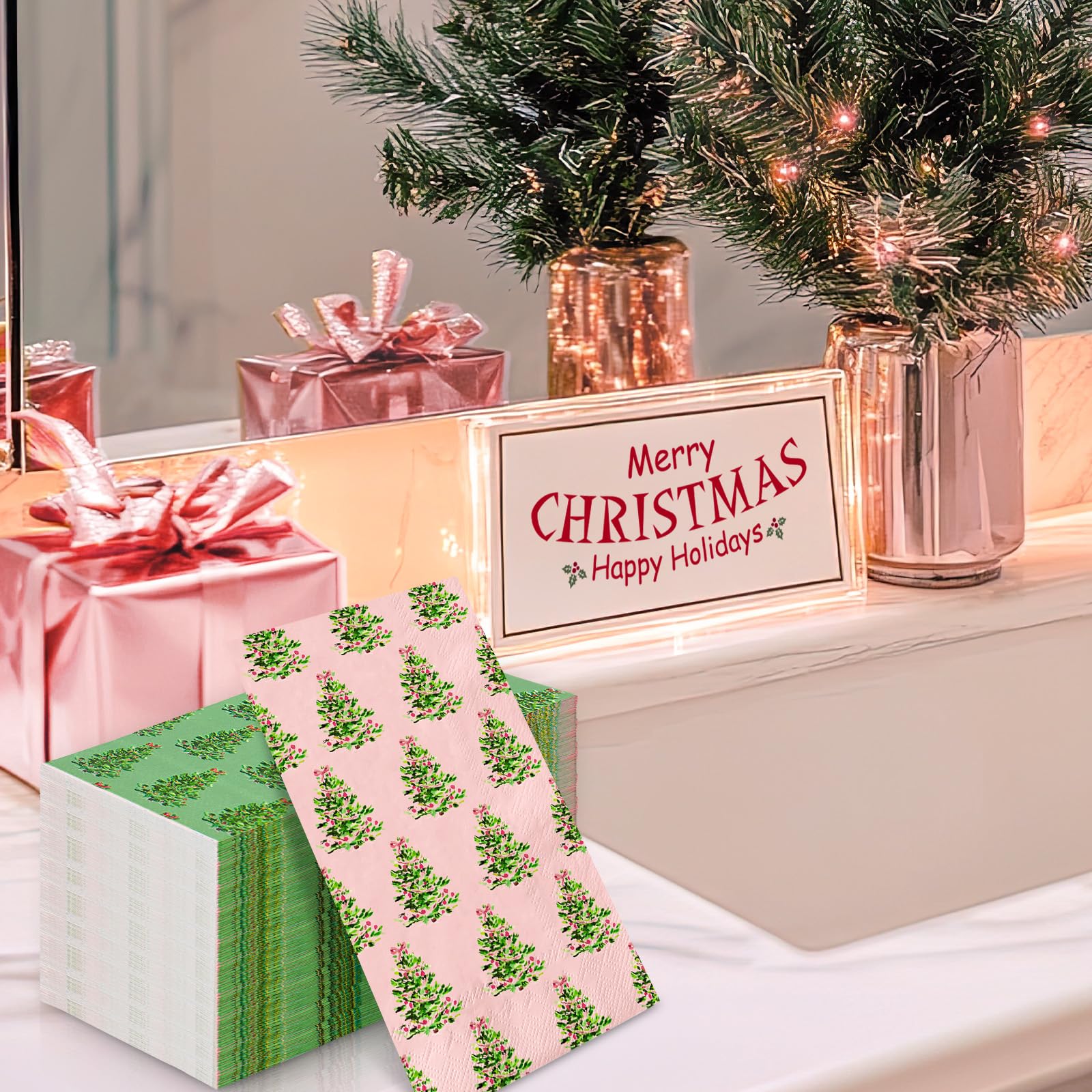 JarThenaAMCS 100 tovaglioli di carta per ospiti di Natale, colore rosa, verde, con albero di Natale, usa e getta, per la cena, per il bagno, le vacanze, le feste, la tavola